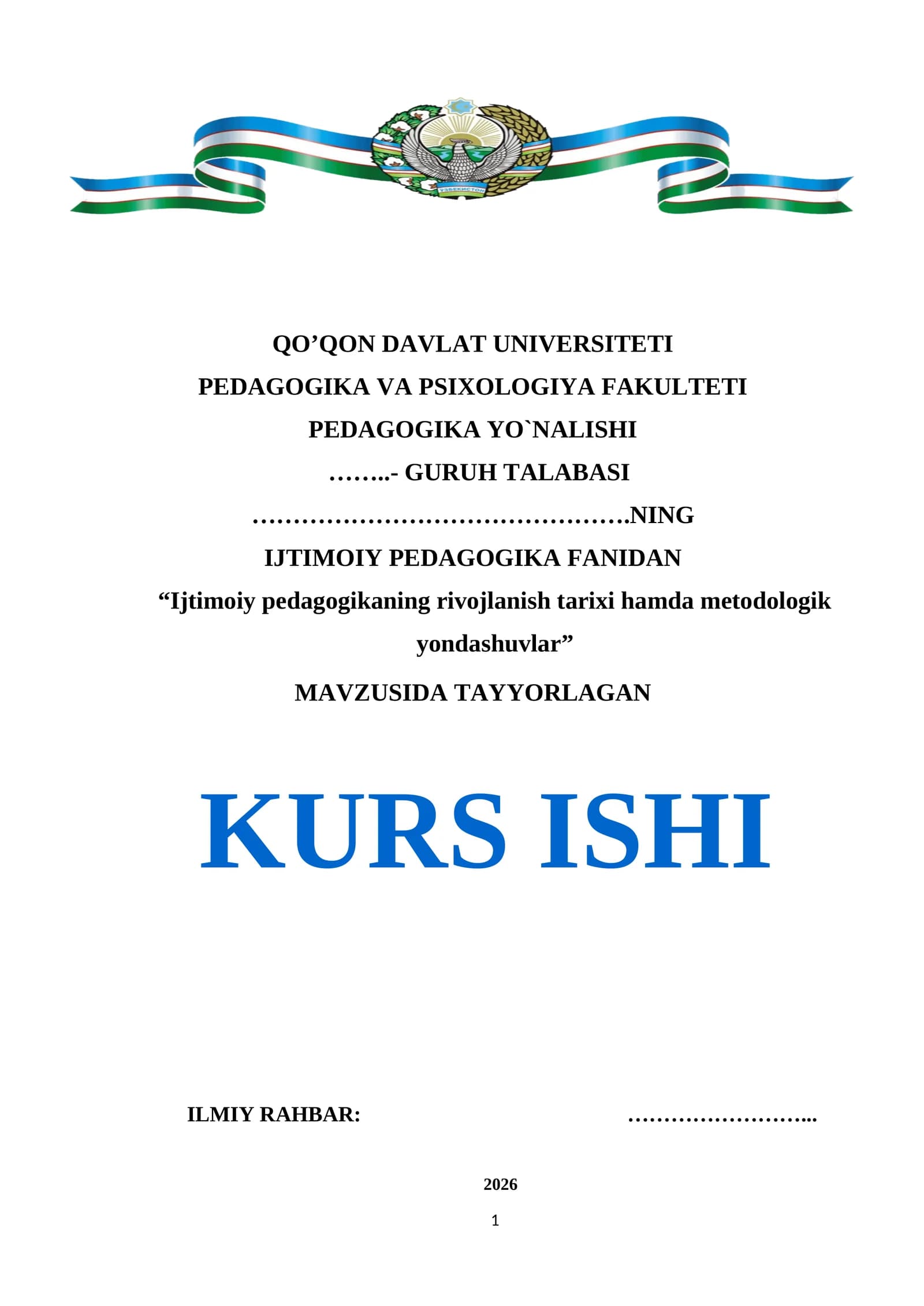 KURS ISHI: “Ijtimoiy pedagogikaning rivojlanish tarixi hamda metodologik yondashuvlar”