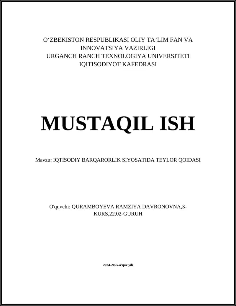 IQTISODIY BARQARORLIK SIYOSATIDA TEYLOR QOIDASI