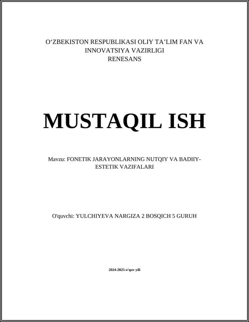 FONETIK JARAYONLARNING NUTQIY VA BADIIY-ESTETIK VAZIFALARI
