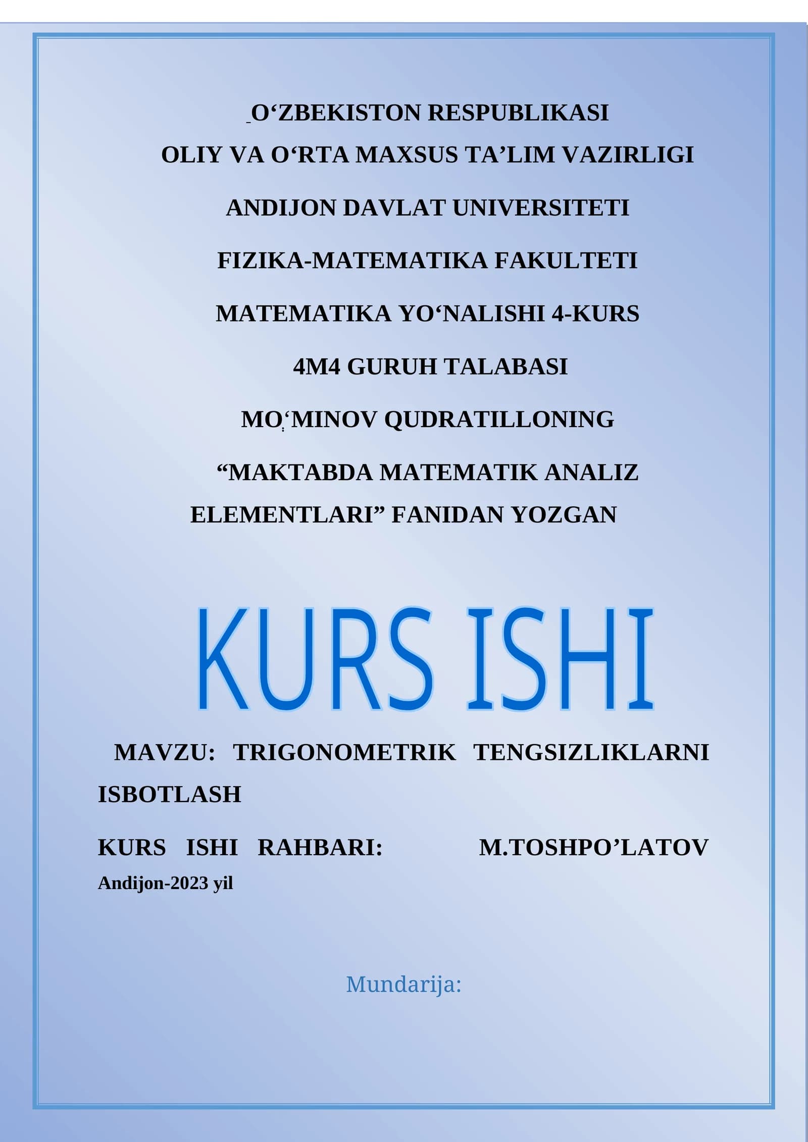 “MAKTABDA MATEMATIK ANALIZ ELEMENTLARI” FANIDAN YOZGAN