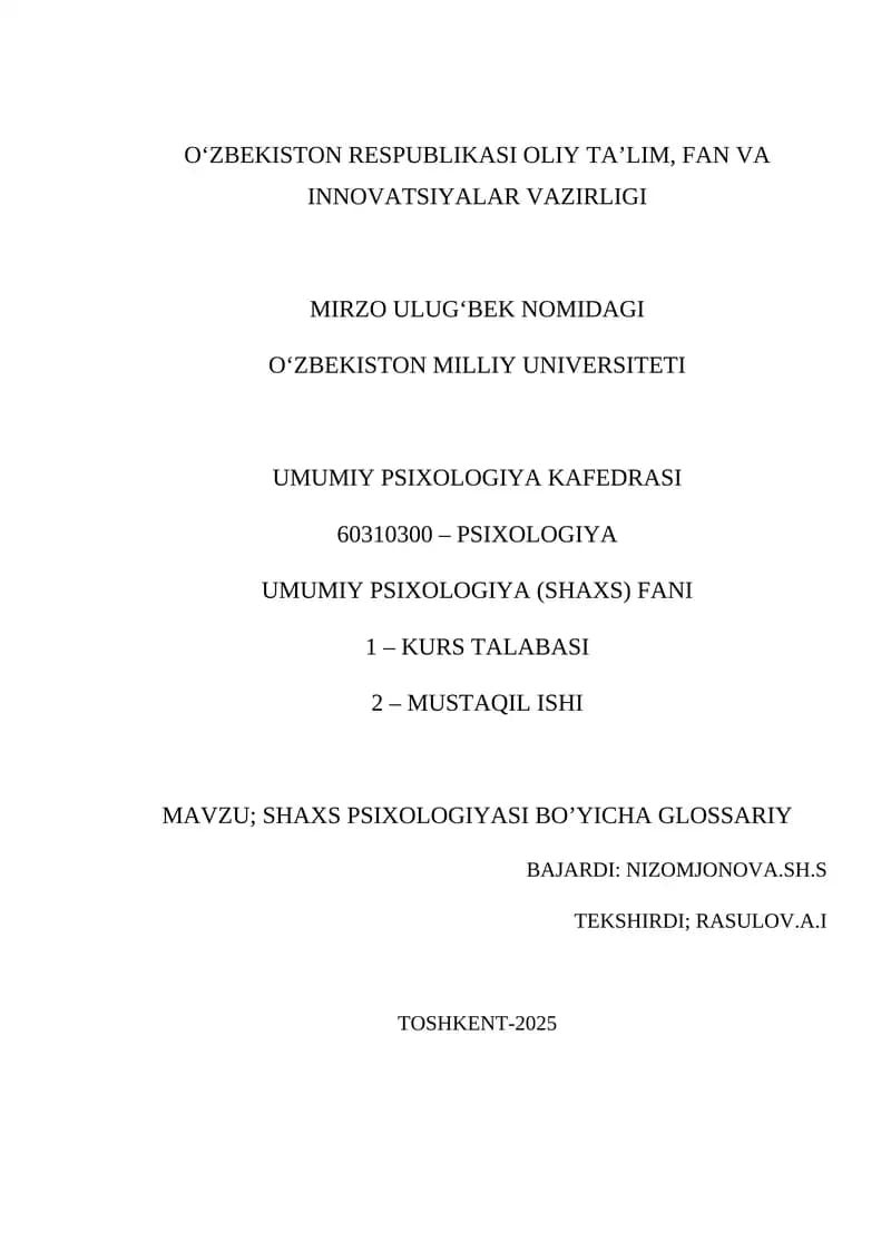 SHAXS PSIXOLOGIYASI BO’YICHA GLOSSARIY