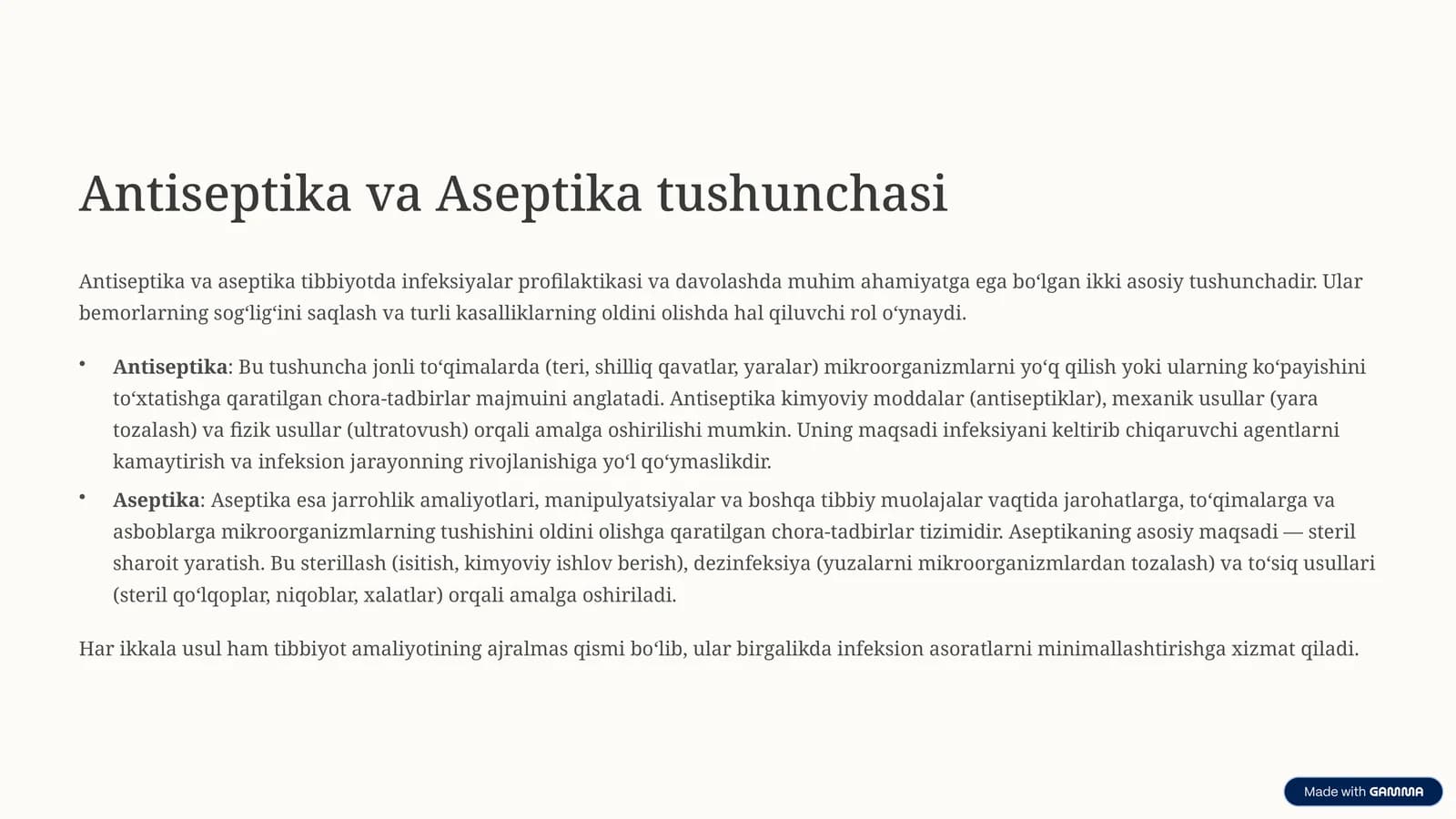 Antiseptika va Aseptika tushunchasi