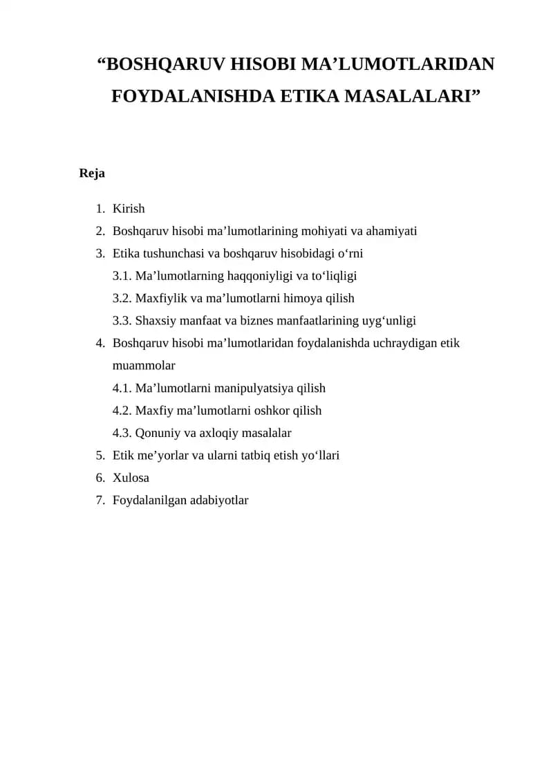 BOSHQARUV HISOBI MA’LUMOTLARIDAN FOYDALANISHDA ETIKA MASALALARI