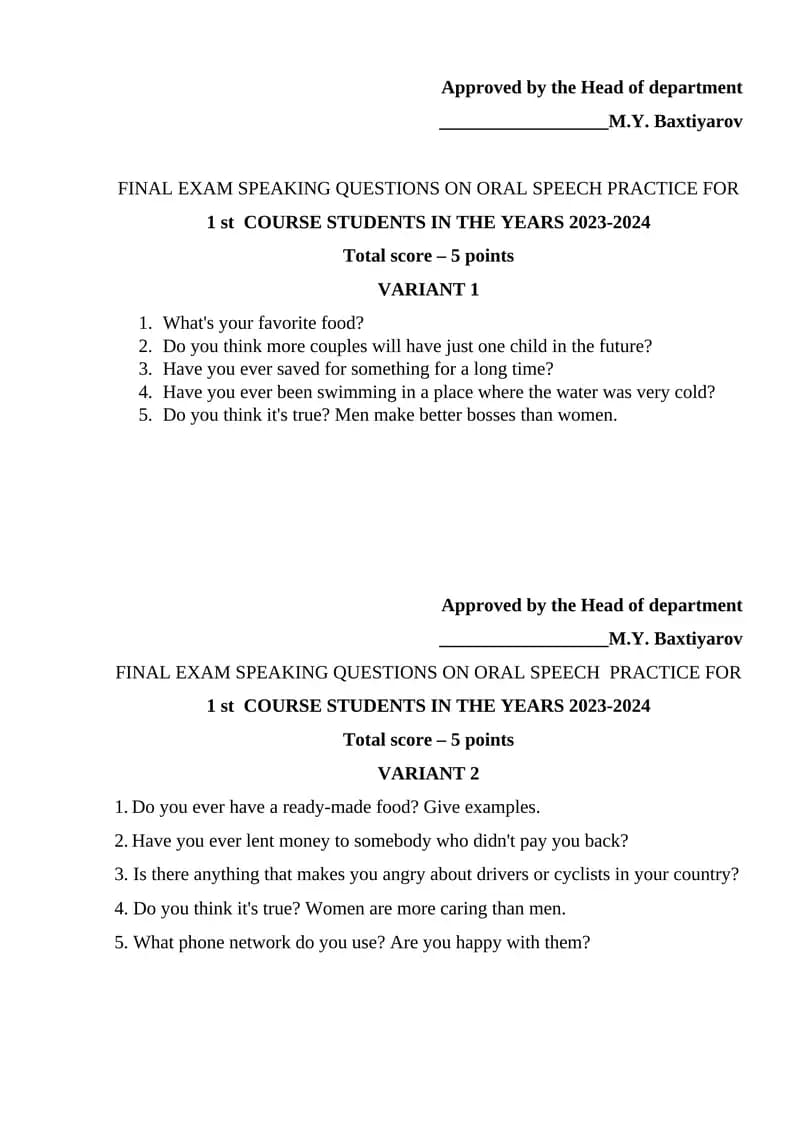 FINAL EXAM SPEAKING QUESTIONS ON ORAL SPEECH PRACTICE