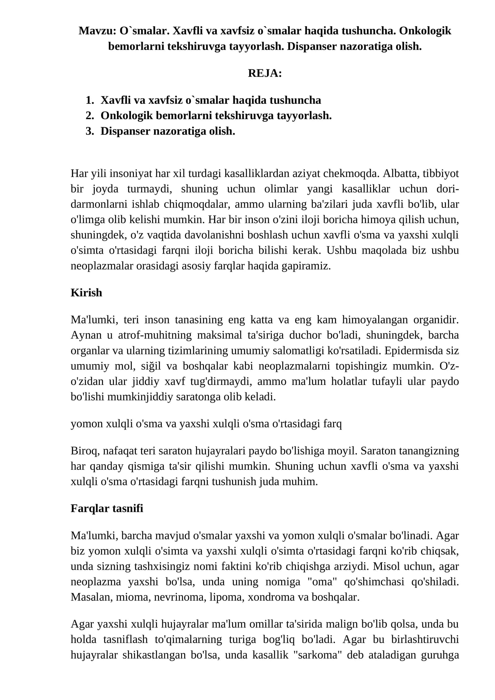 O`smalar. Xavfli va xavfsiz o`smalar haqida tushuncha