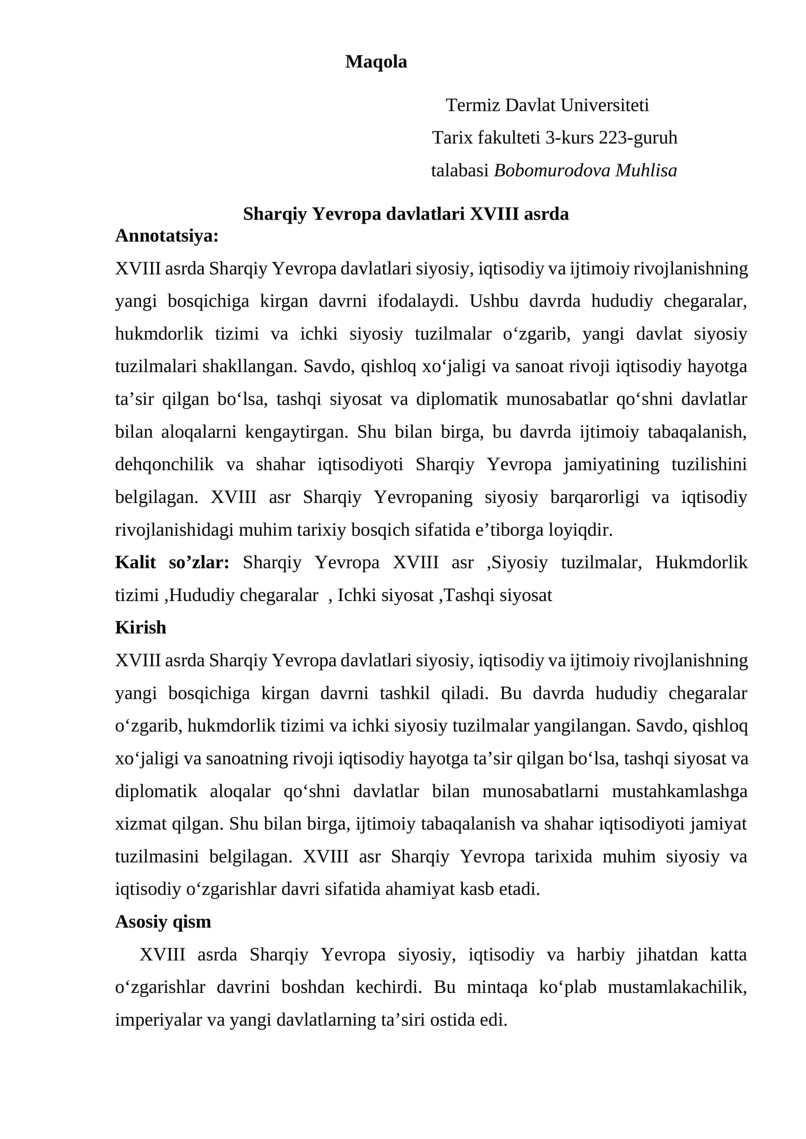 Sharqiy Yevropa davlatlari siyosiy, iqtisodiy va ijtimoiy rivojlanishi XVIII asrda