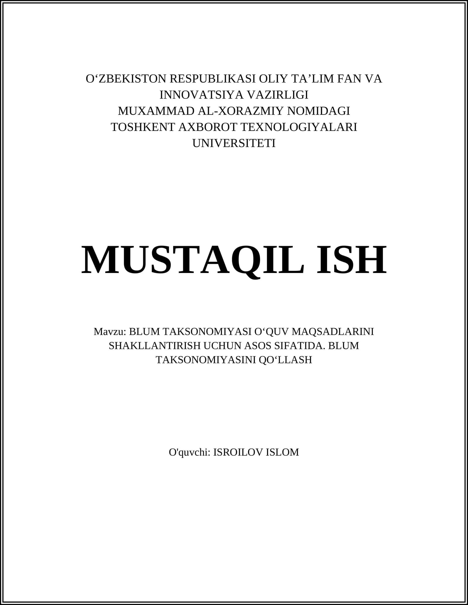 BLUM TAKSONOMIYASI O‘QUV MAQSADLARINI SHAKLLANTIRISH UCHUN ASOS SIFATIDA