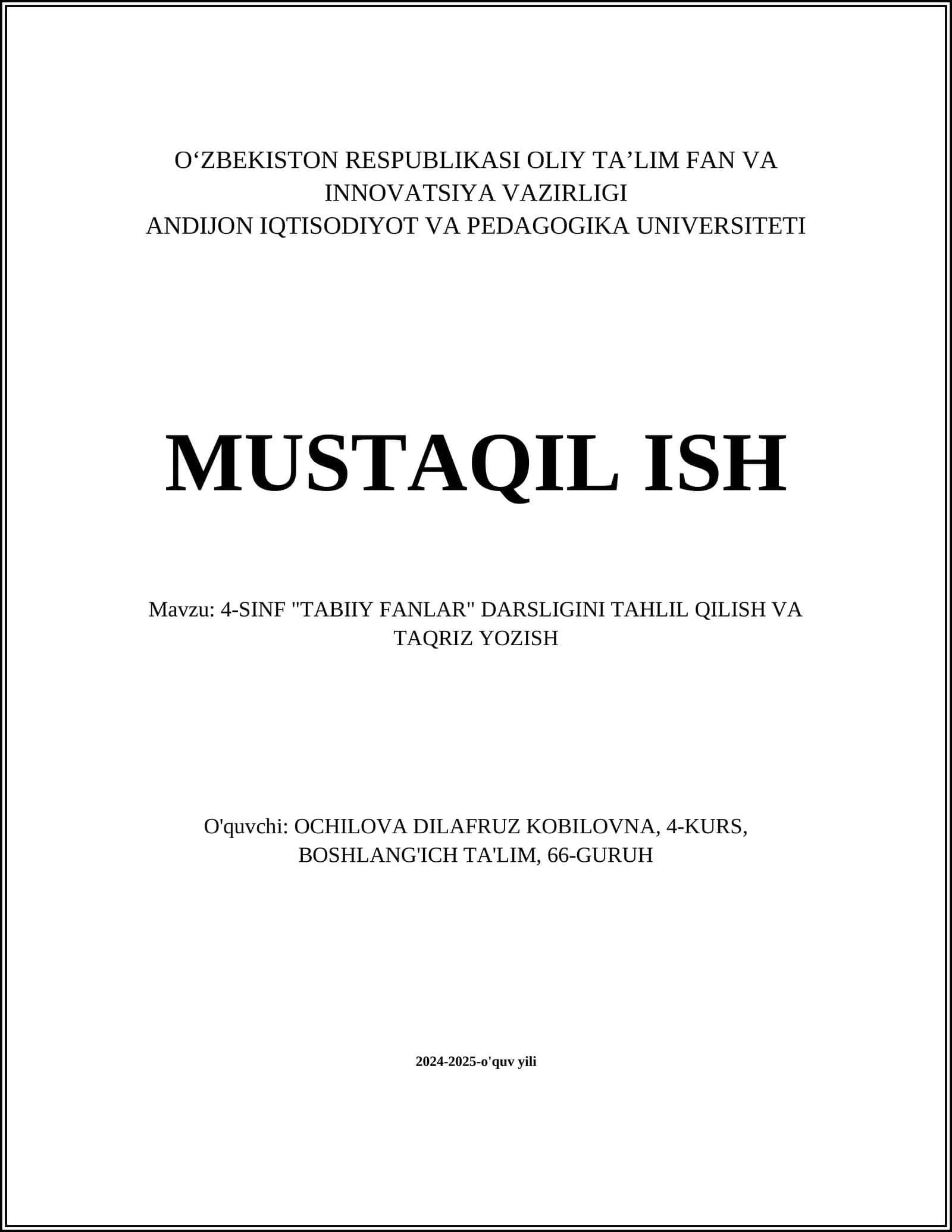 4-SINF "TABIIY FANLAR" DARSLIGINI TAHLIL QILISH VA TAQRIZ YOZISH