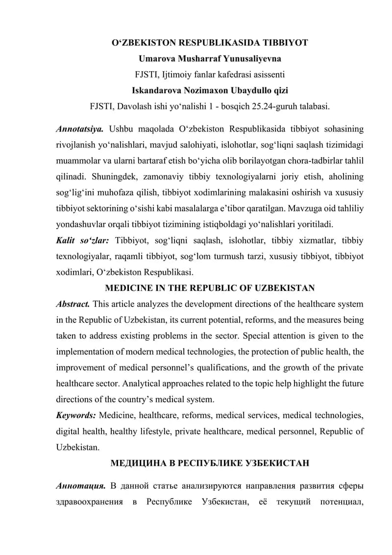 OʻZBEKISTON RESPUBLIKASIDA TIBBIYOT