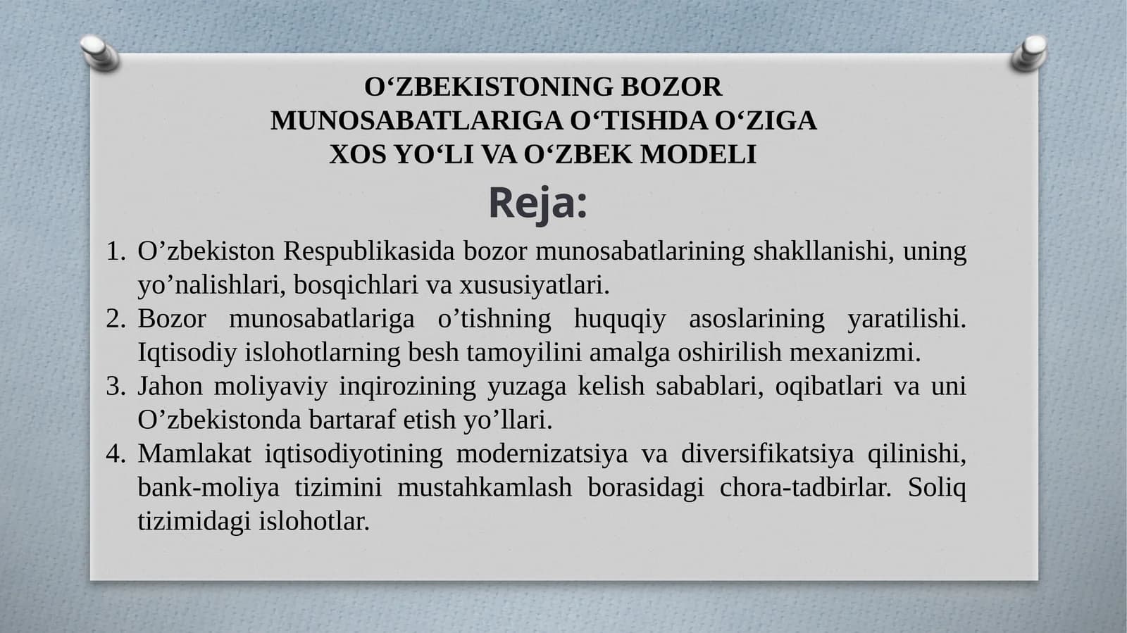 O’zbekiston Respublikasida bozor munosabatlarining shakllanishi