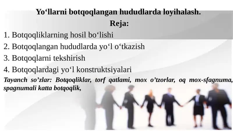 Yo‘llarni botqoqlangan hududlarda loyihalash. (taqdimot (slayd)).