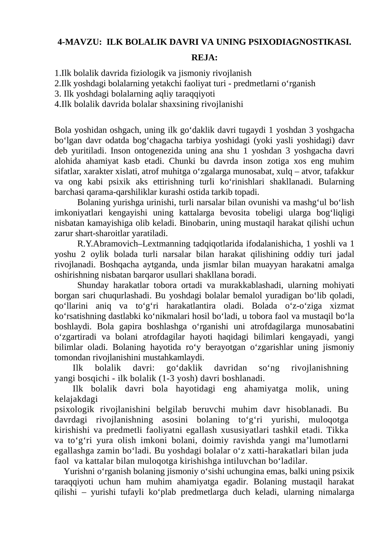 ILK BOLALIK DAVRI VA UNING PSIXODIAGNOSTIKASI