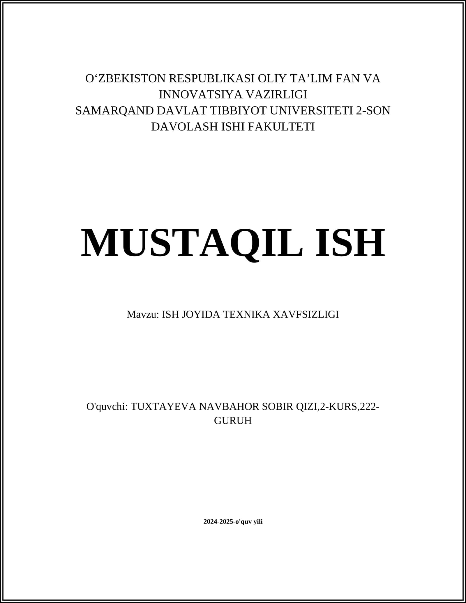 ISH JOYIDA TEXNIKA XAVFSIZLIGI