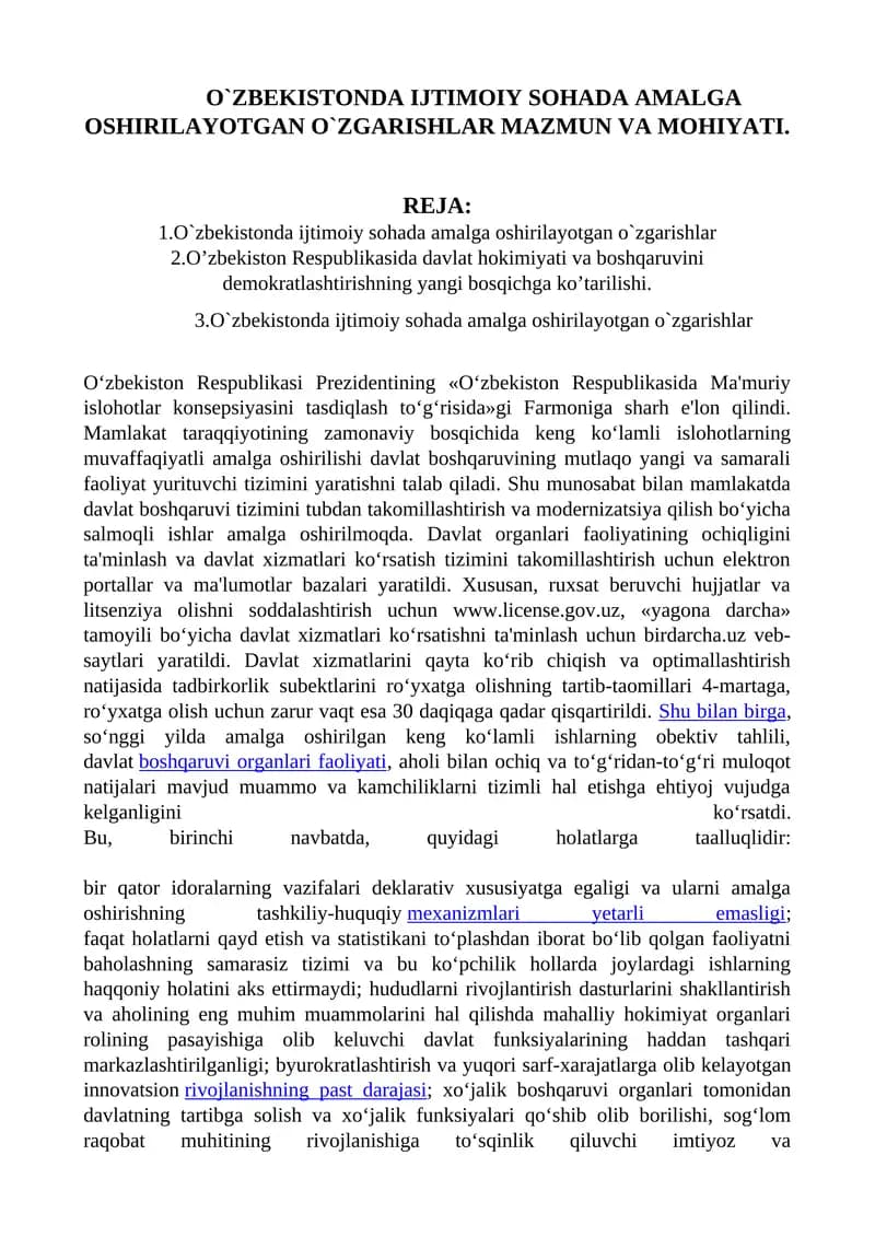 O'ZBEKISTONDA IJTIMOIY SOHADA AMALGA OSHIRILAYOTGAN O`ZGARISHLAR MAZMUN VA MOHIYATI
