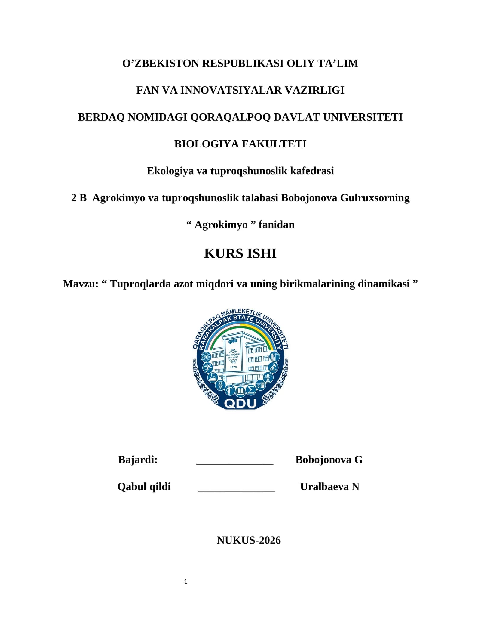 Tuproqlarda azot miqdori va uning birikmalarining dinamikasi