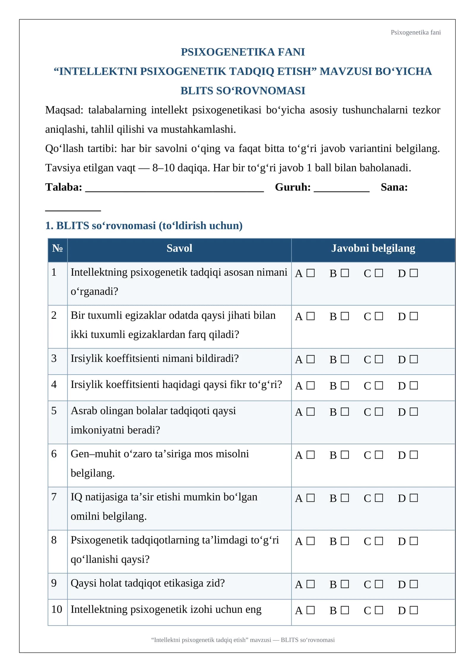 Intellektni psixogenetik tadqiq etish BLITS so'rovnomasi.