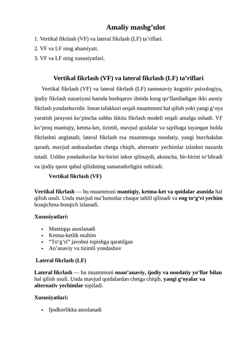 Vertikal fikrlash (VF) va lateral fikrlash (LF) ta’riflari