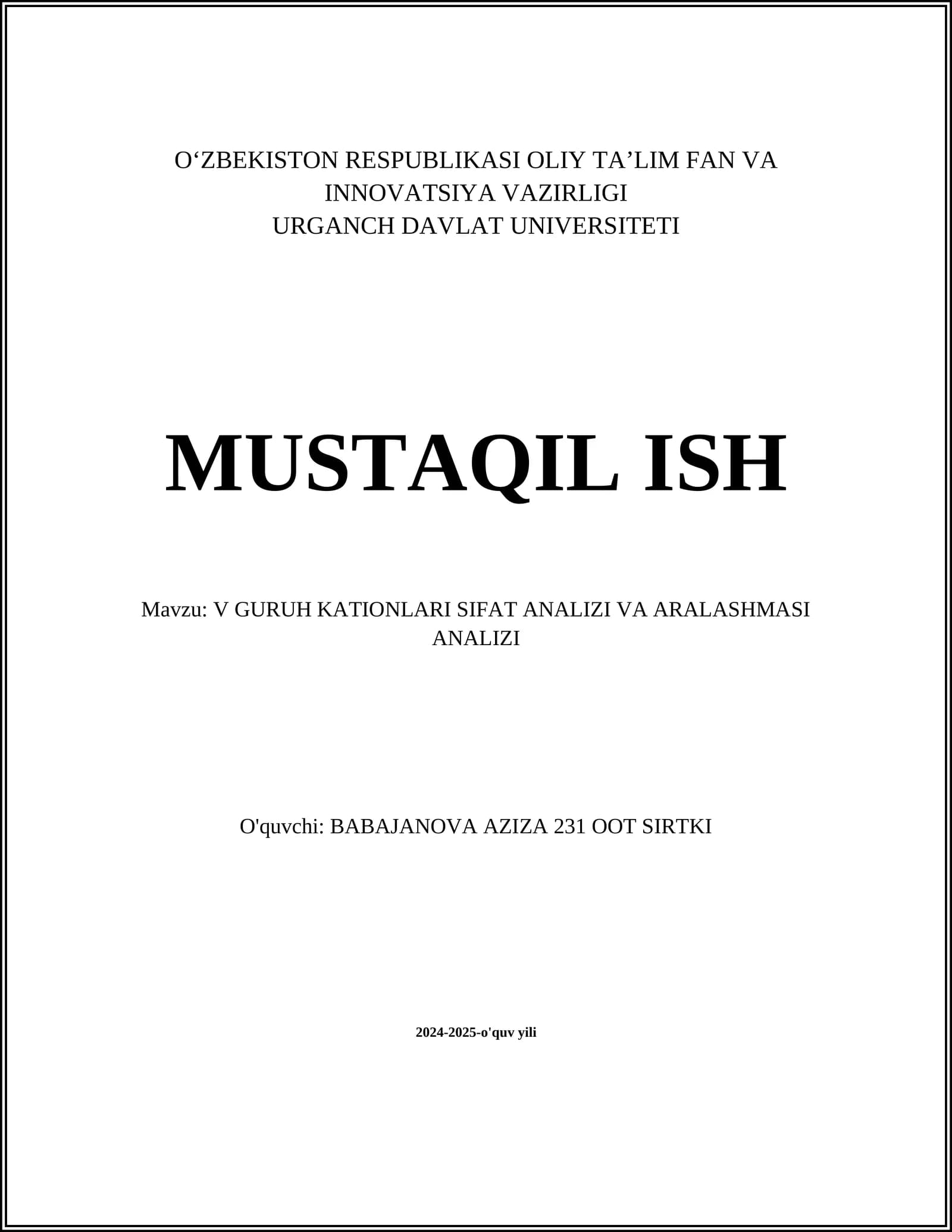 V GURUH KATIONLARI SIFAT ANALIZI VA ARALASHMASI ANALIZI