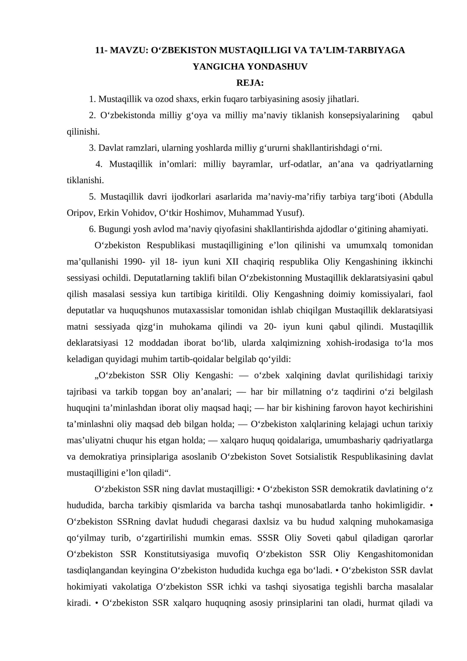 O‘ZBEKISTON MUSTAQILLIGI VA TA’LIM-TARBIYAGA YANGICHA YONDASHUV