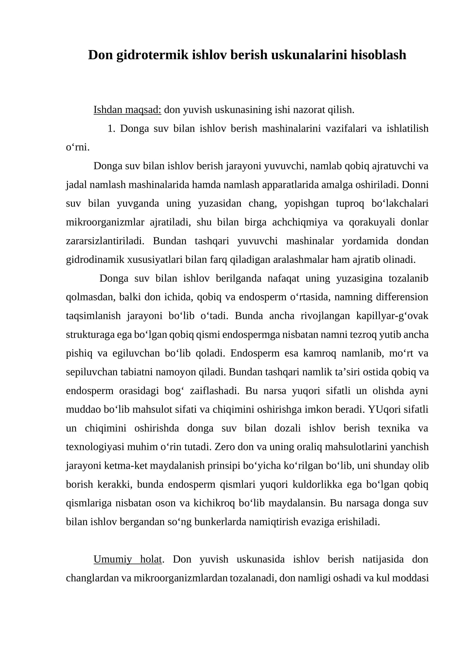 Don gidrotermik ishlov berish uskunalarini hisoblash