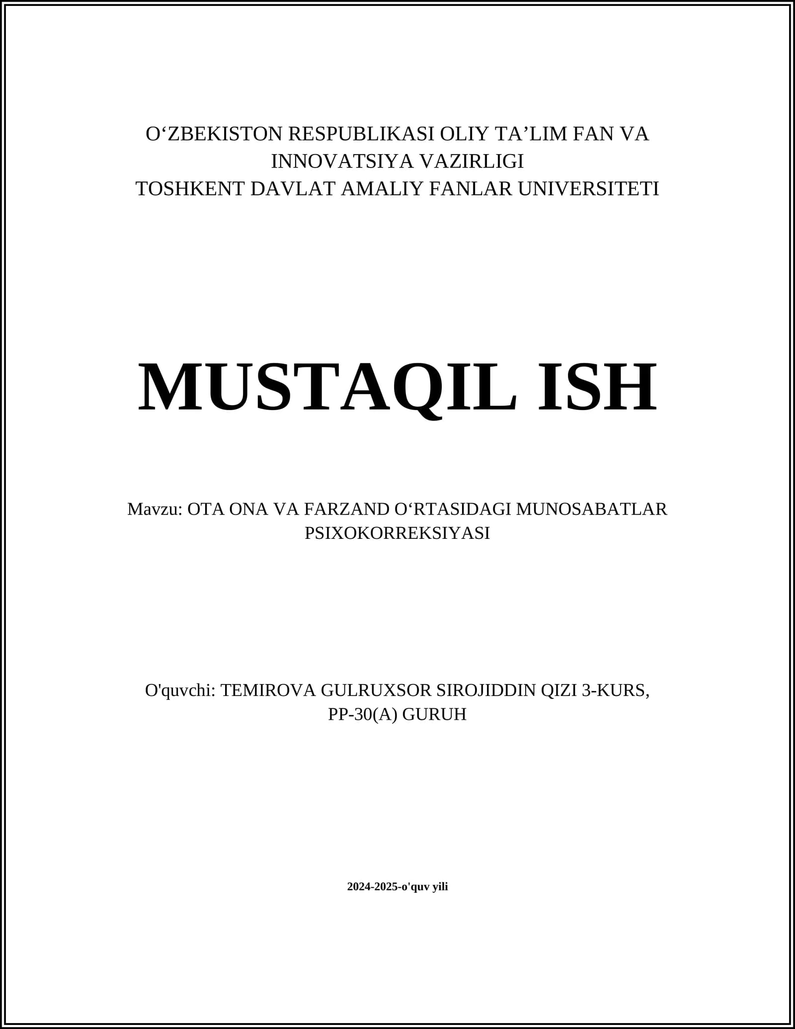 OTA ONA VA FARZAND OʻRTASIDAGI MUNOSABATLAR PSIXOKORREKSIYASI