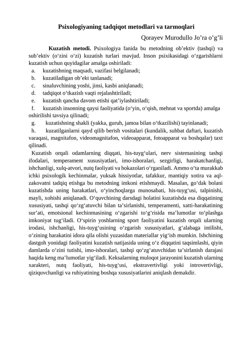 Psixologiyaning tadqiqot metodlari va tarmoqlari