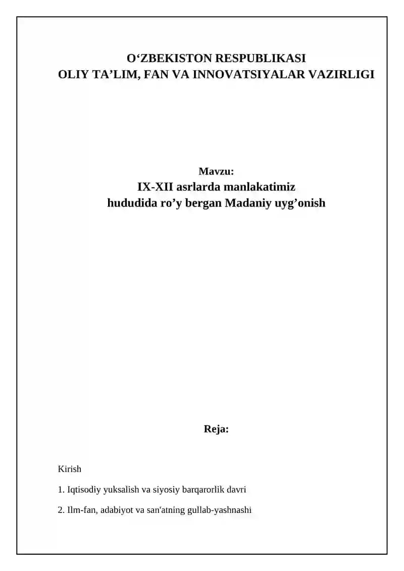 IX-XII asrlarda manlakatimiz hududida ro’y bergan Madaniy uyg’onish