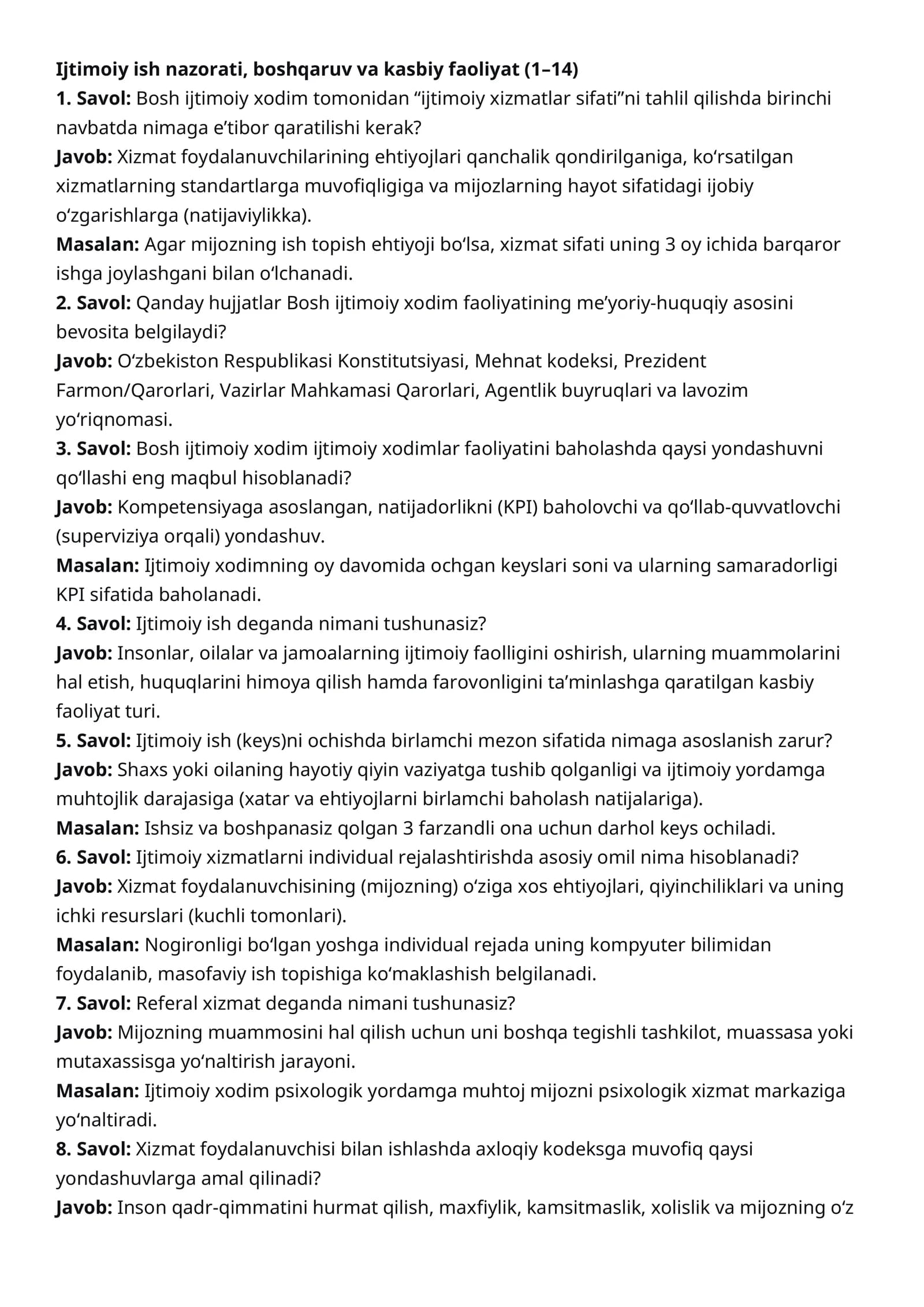 Agros 2026 suhbat savollari javoblari va misollar bilan javob berilgan jami 190 savol  (Ijtimoiy xodim)