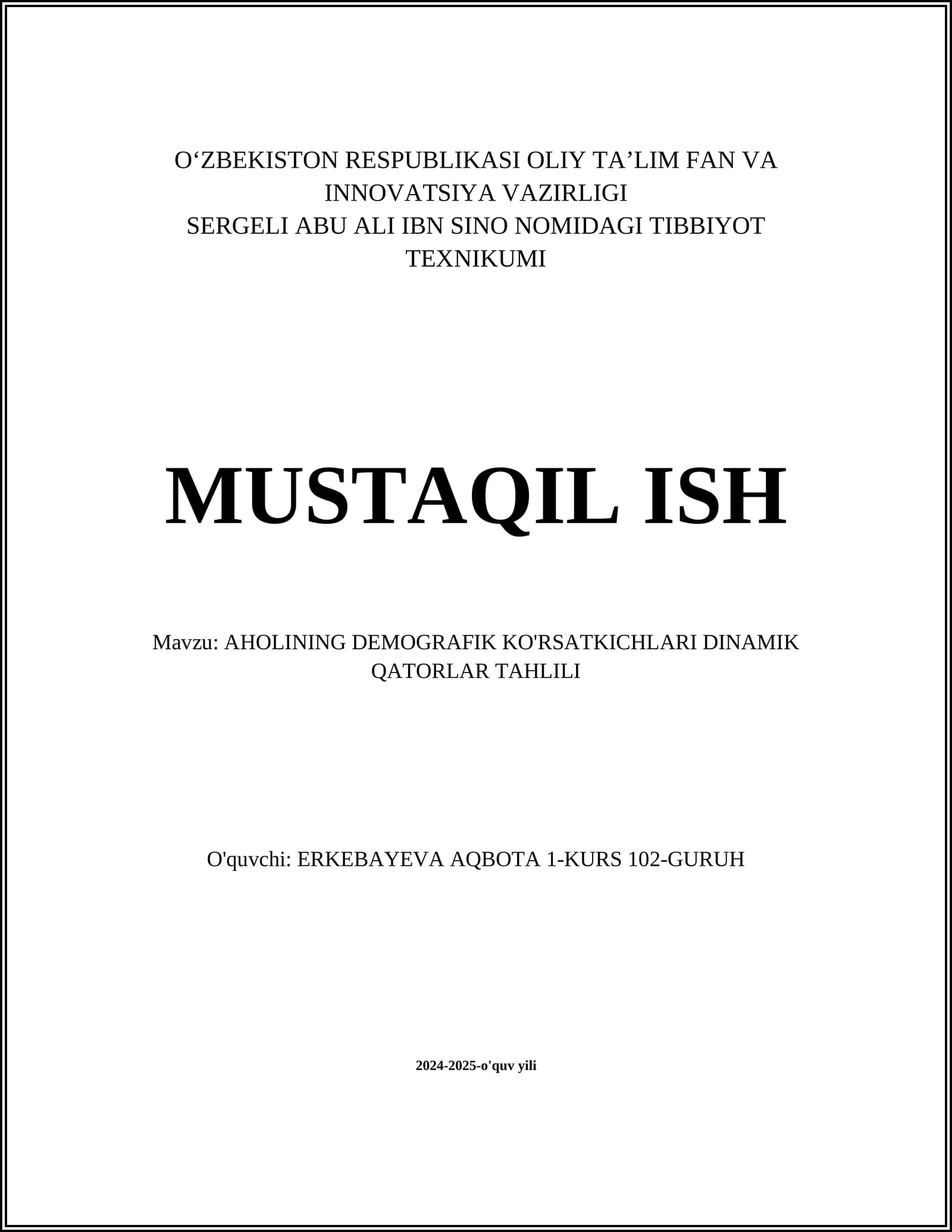 Aholining Demografik Ko'rsatkichlari Dinamik Qatorlar Tahlili