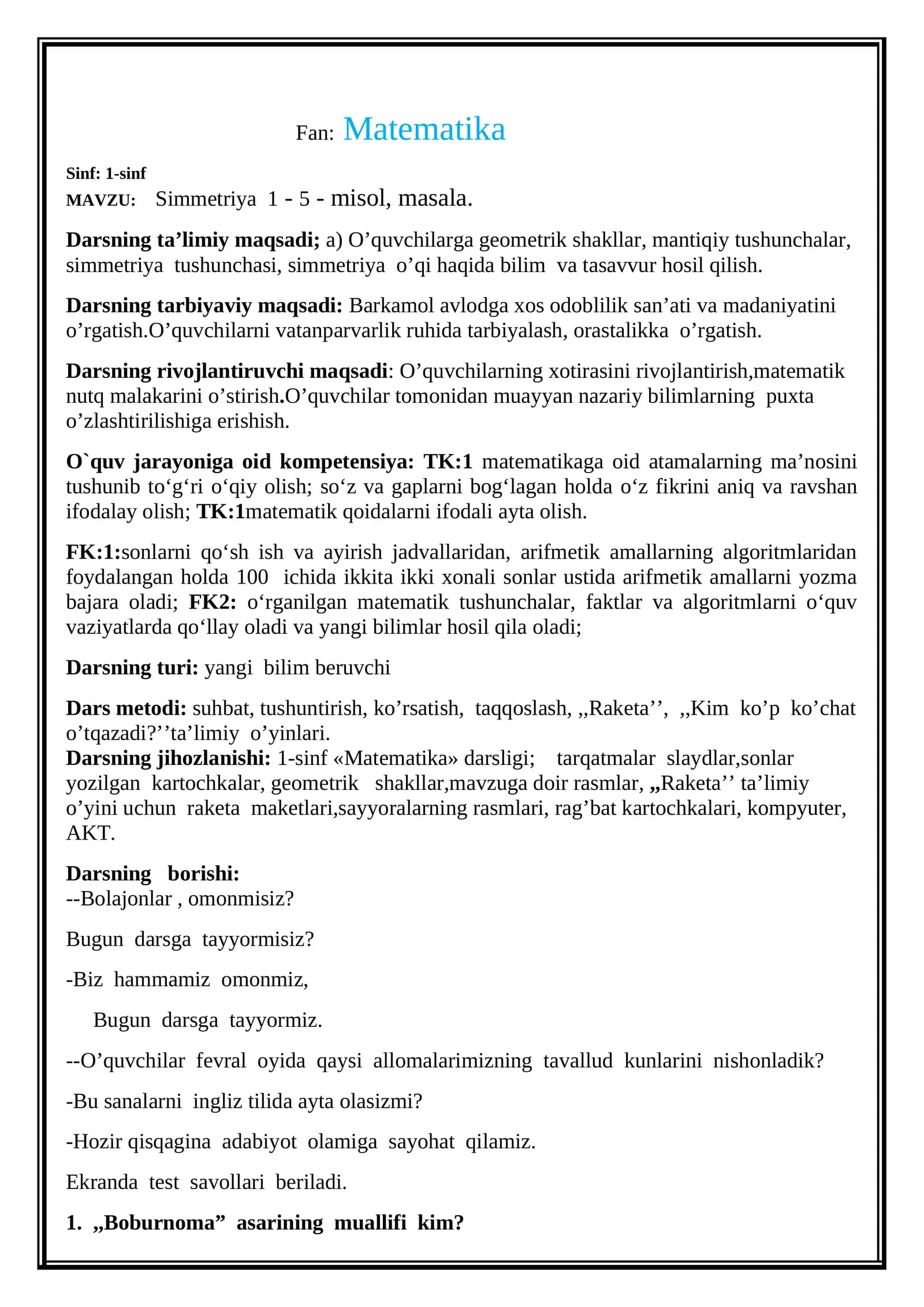 Simmetriya  1 - 5 - misol, masala