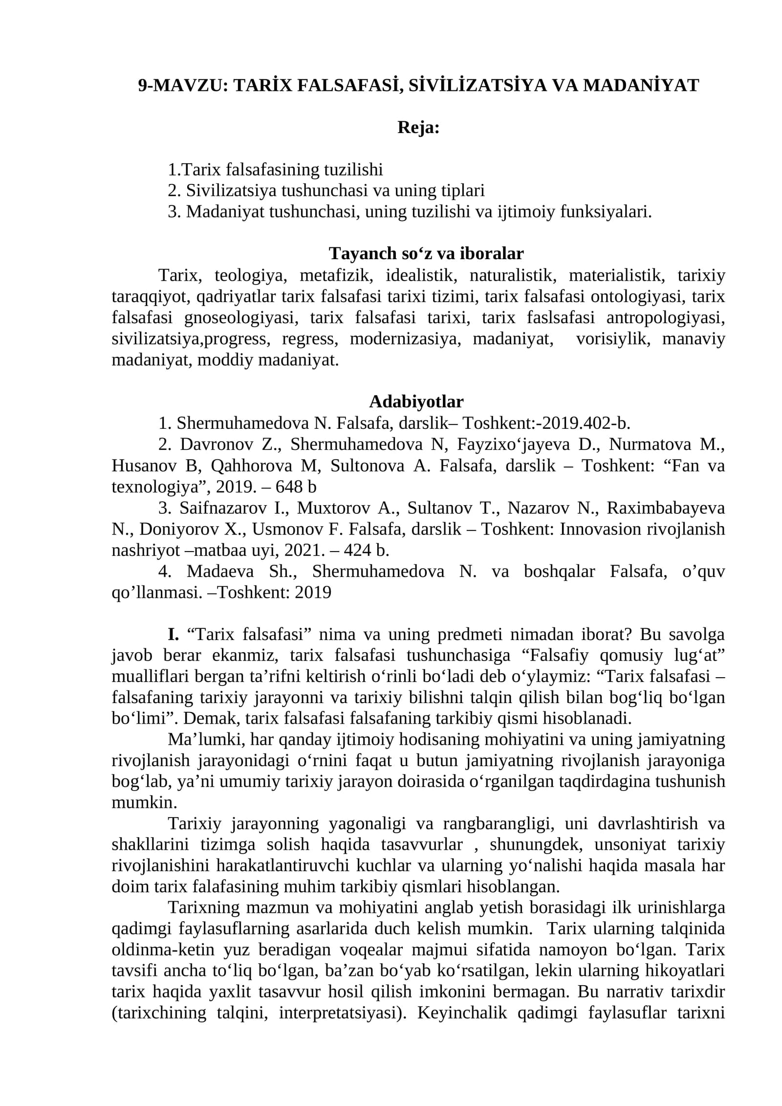 TARİX FALSAFASİ, SİVİLİZATSİYA VA MADANİYAT