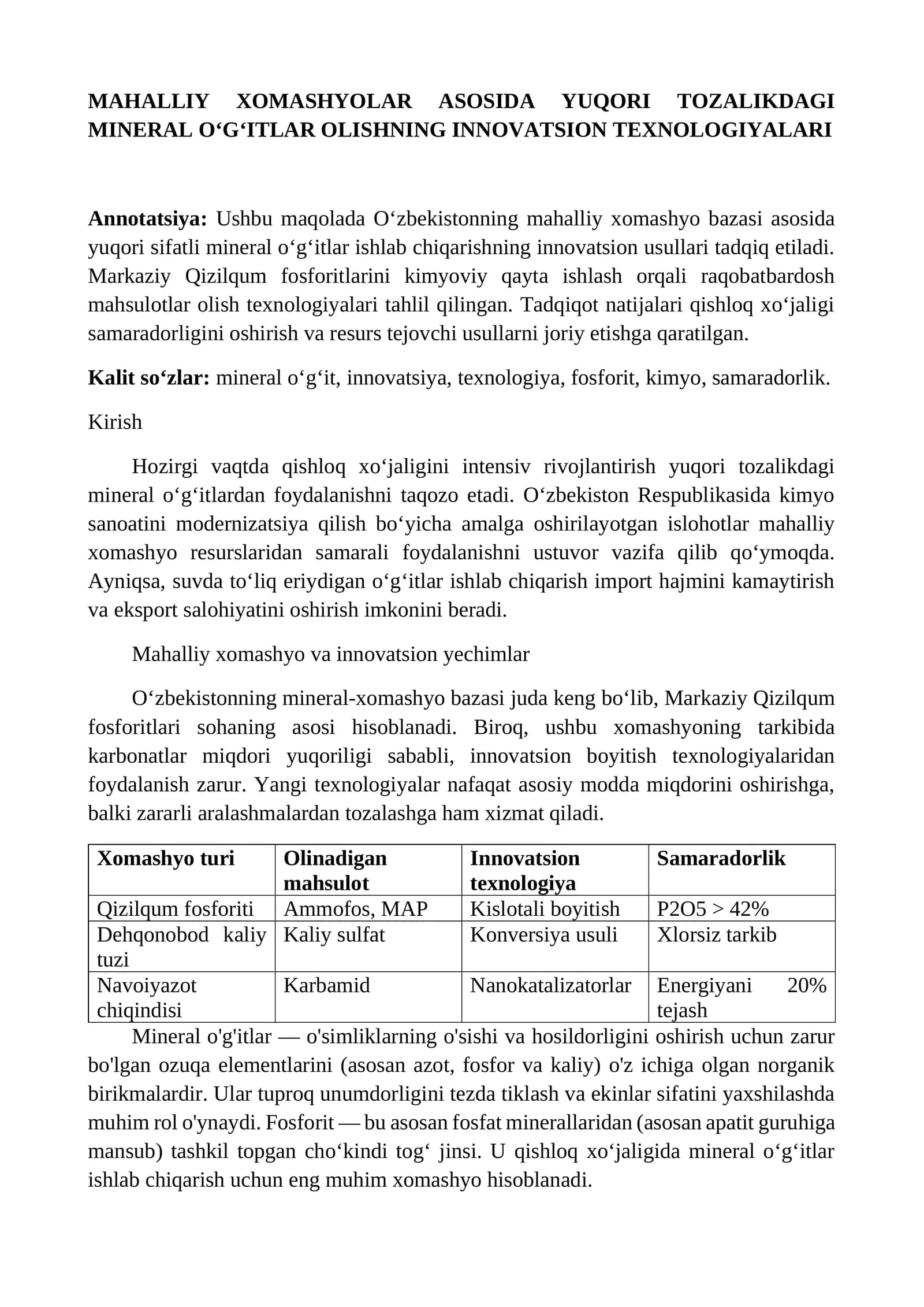 MAhallIY XOMASHYOLAR ASOSIDA YUQORI TOZALIKDAGI MINERAL O‘G‘ITLAR OLISHNING INNOVATSION TEXNOLOGIYALARI