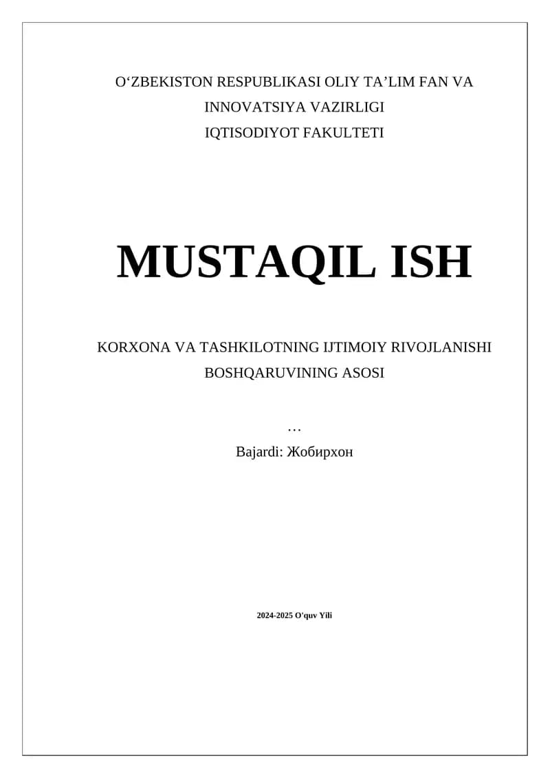 Korxona va Tashkilotning Ijtimoiy Rivojlanishi Boshqaruvini O'rganish