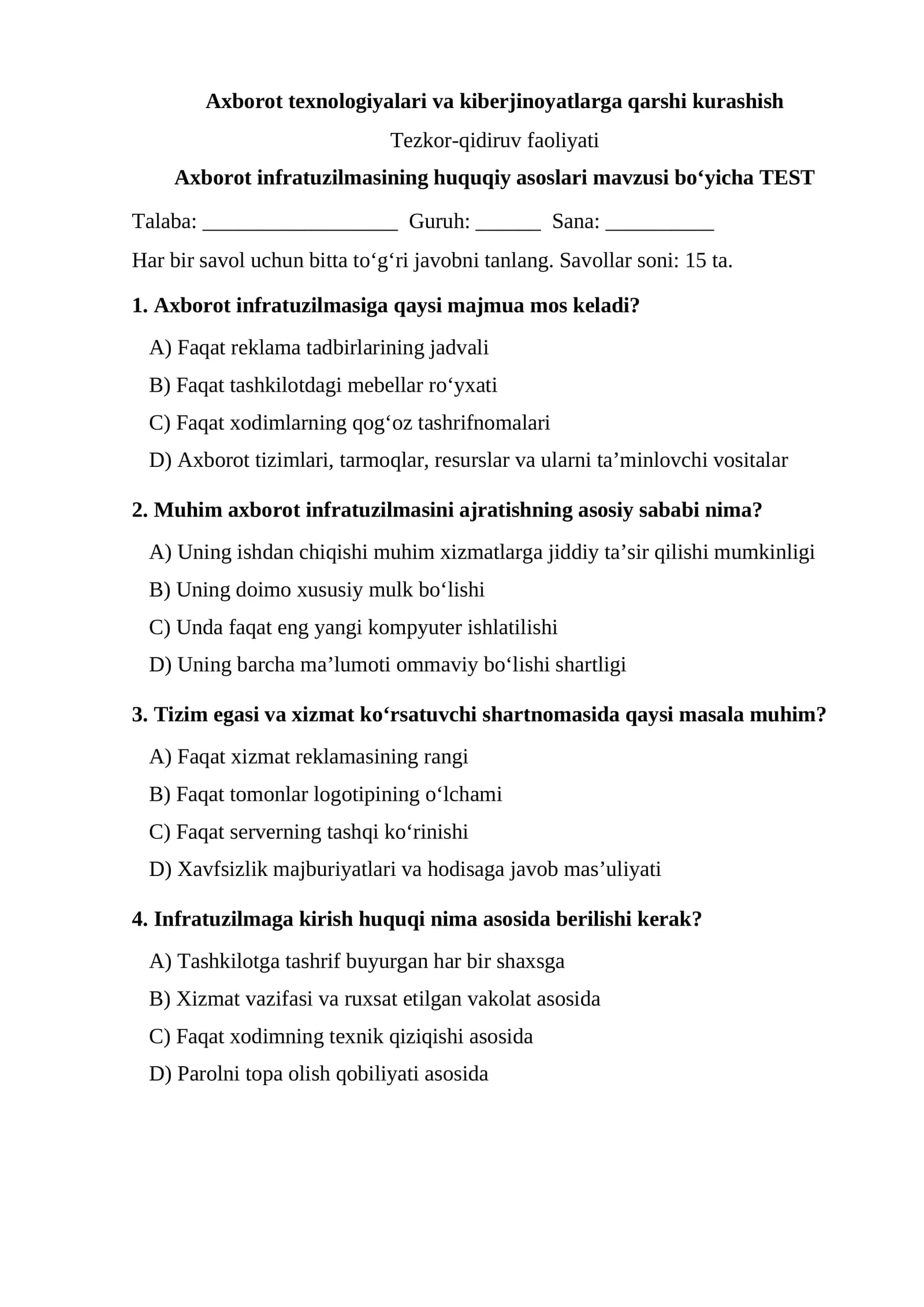 Axborot infratuzilmasining huquqiy asoslari — TEST.