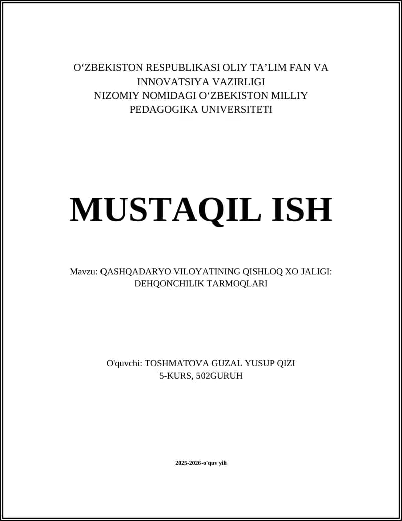 QASHQADARYO VILOYATINING QISHLOQ XO JALIGI: DEHQONCHILIK TARMOQLARI
