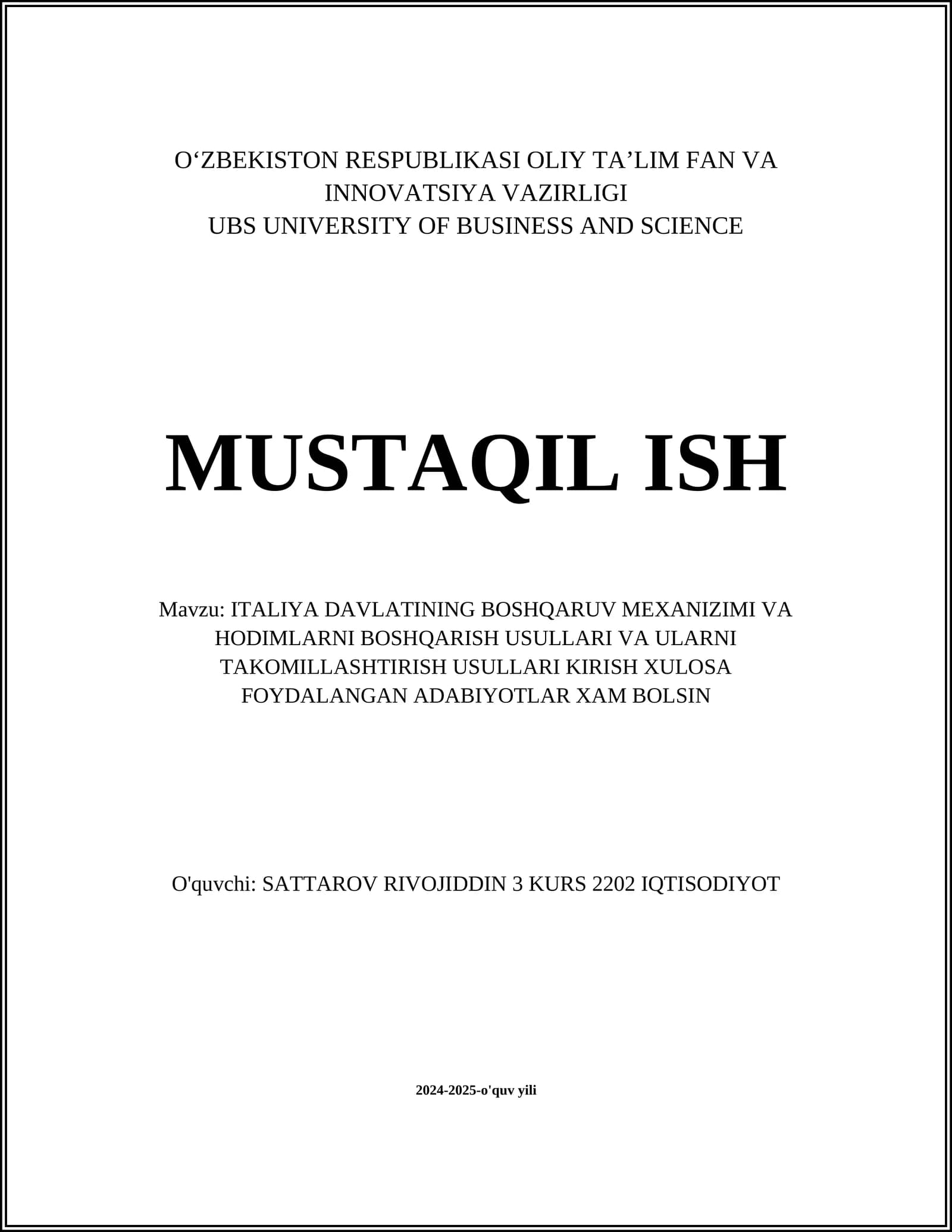 ITALIYA DAVLATINING BOSHQARUV MEXANIZIMI VA HODIMLARNI BOSHQARISH USULLARI VA ULARNI TAKOMILLASHTIRISH USULLARI