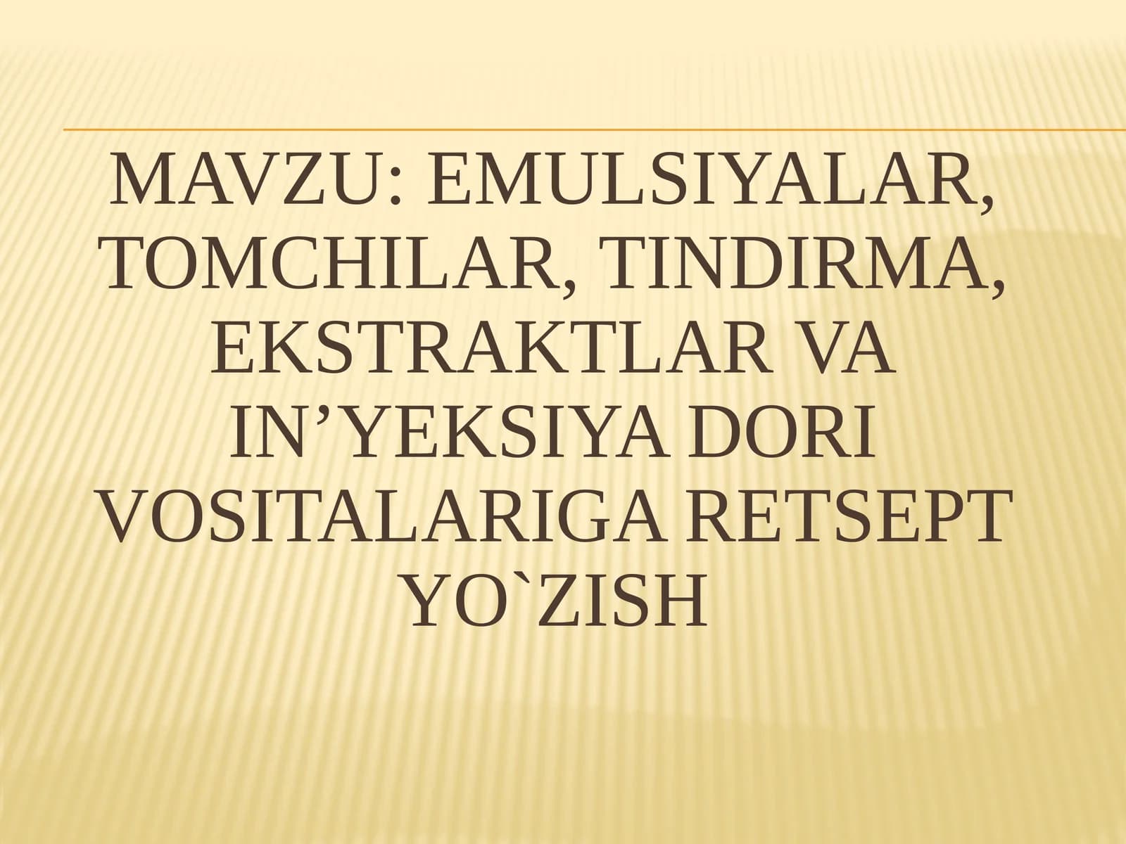 Emulsiyalar, tomchilar, tindirma, ekstraktlar va in’yeksiyadori vositalari