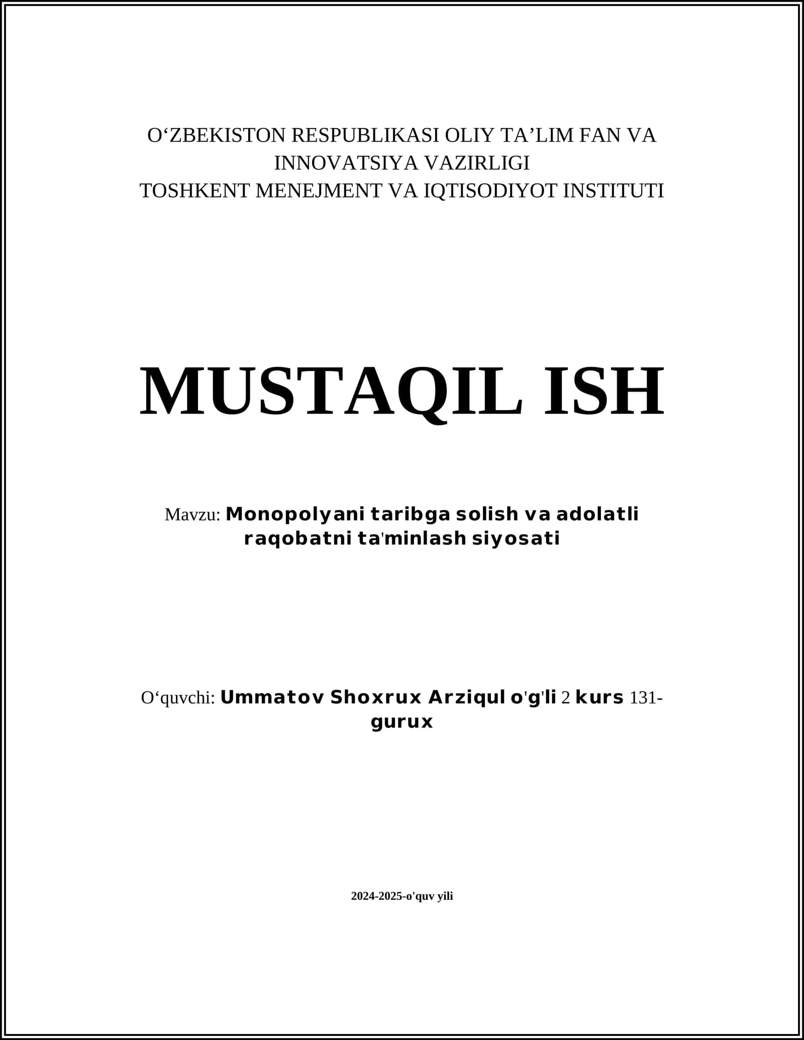 Monopoliya taribgarda solis va adolatli raqobatni ta`minlash strategiyalari