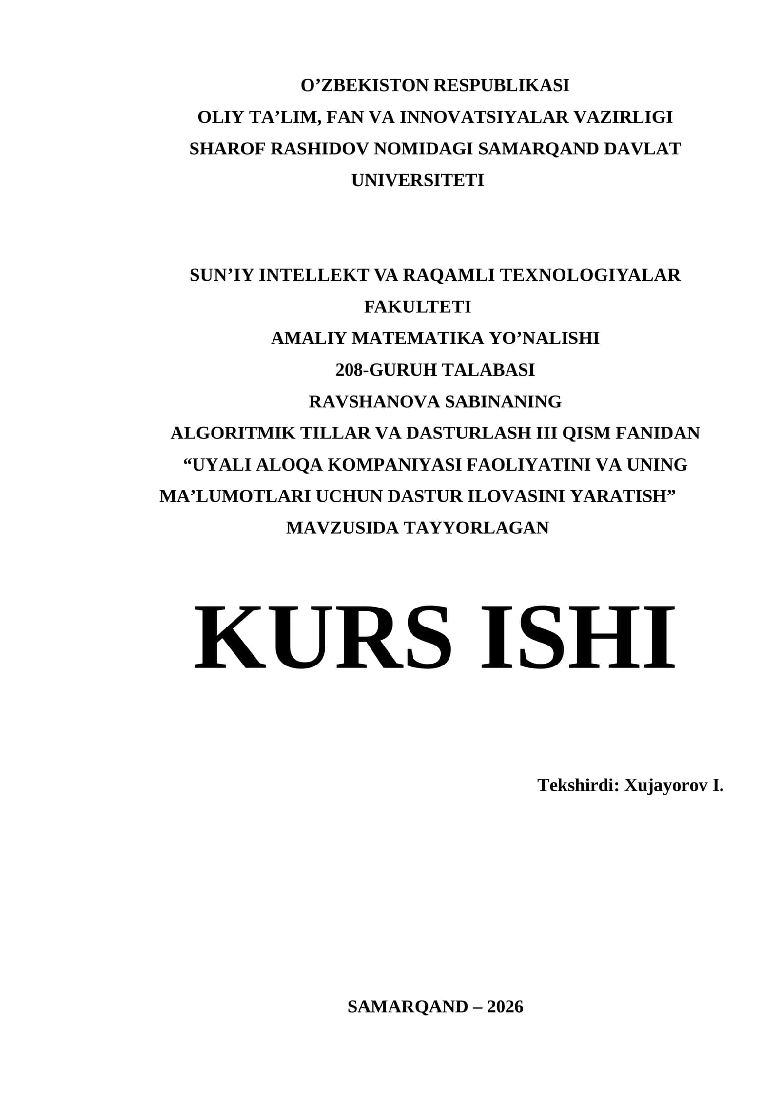 Visual Studio muhitida dasturlash | Kurs Ishi - UYALI ALOQA KOMPANIYASI FAOLIYATINI VA UNING MA’LUMOTLARI UCHUN DASTUR ILOVASINI YARATISH