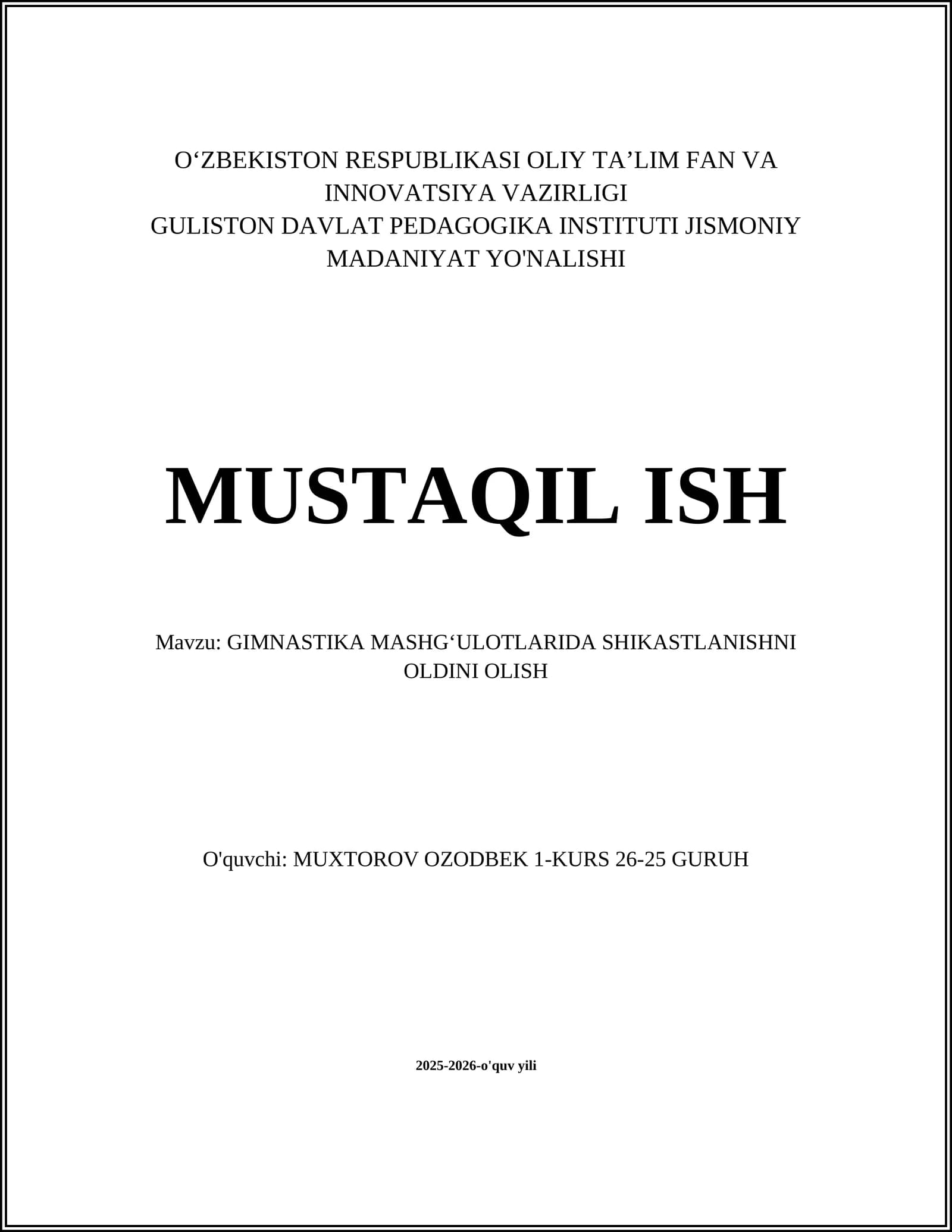 GIMNASTIKA MASHGʻULOTLARIDA SHIKASTLANISHNI OLDINI OLISH