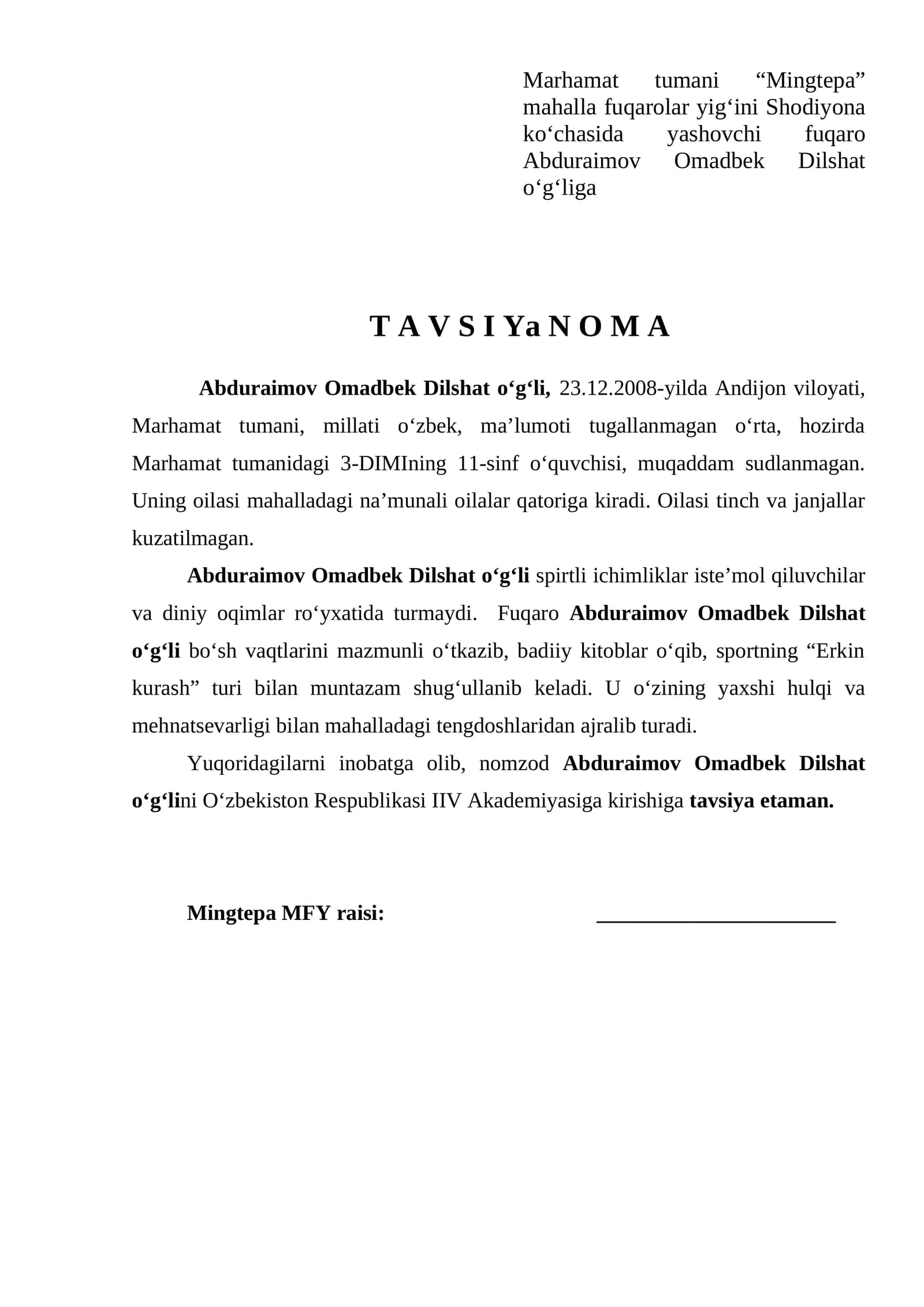 Abduraimov Omadbek Dilshat
