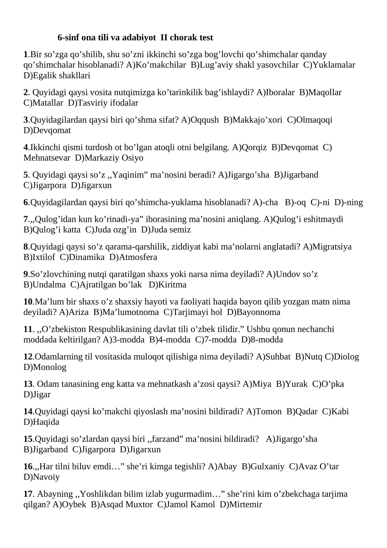 6-sinf ona tili va adabiyot II chorak test