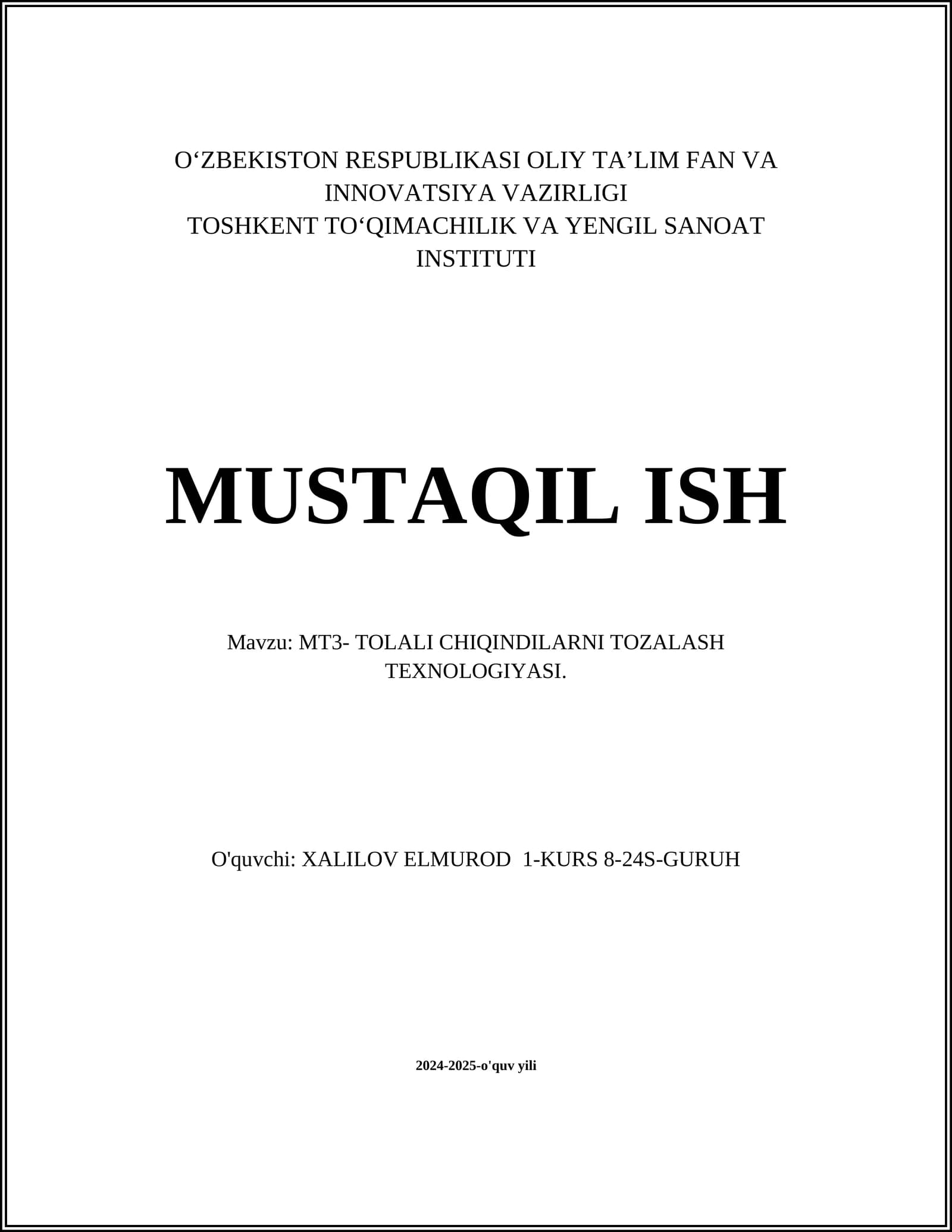 MT3- TOLALI CHIQINDILARNI TOZALASH TEXNOLOGIYASI
