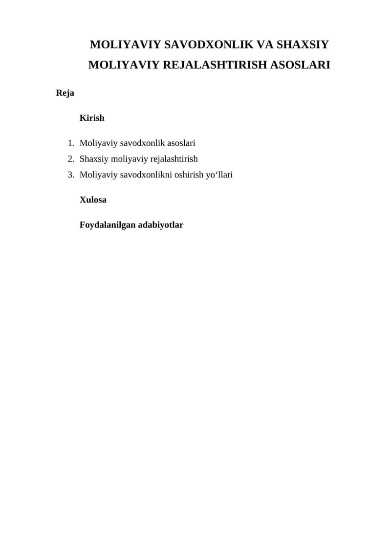 Moliyaviy Savodxonlik va Shaxsiy Moliyaviy Rejalashtirish Asoslari