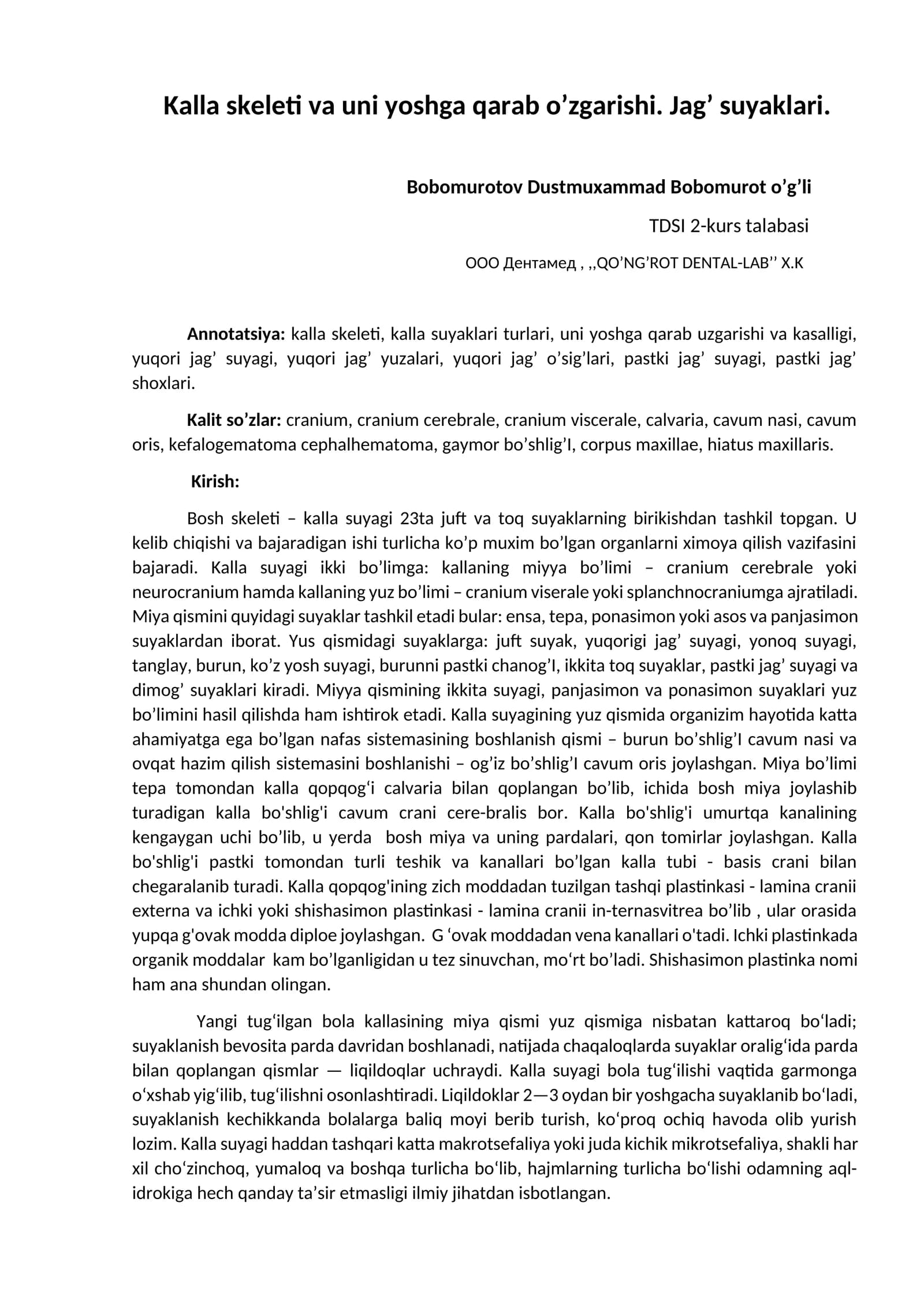 kalla skeleti va uni yoshga qarab o‘zgarishi