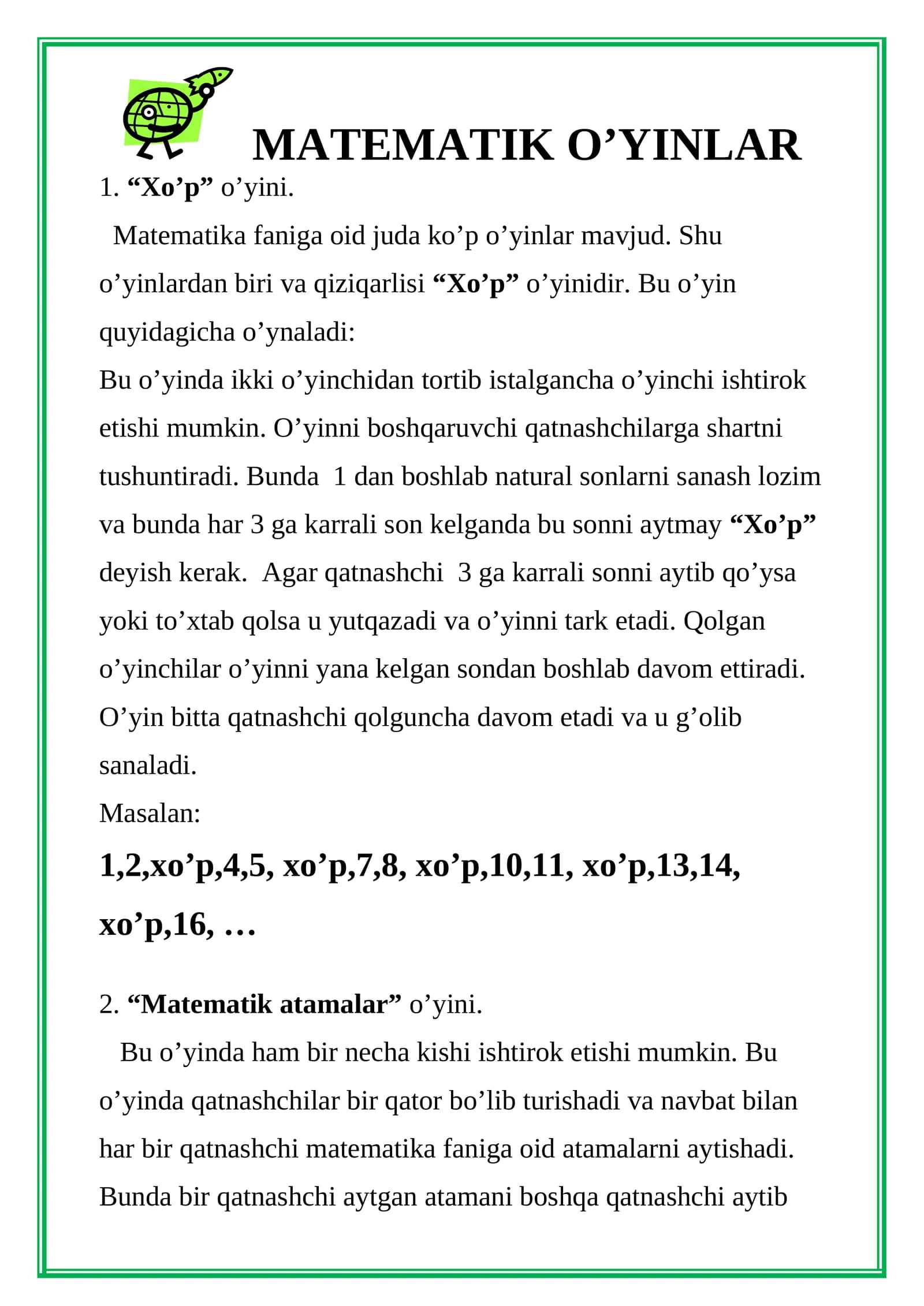 MATEMATIK O’YINLAR