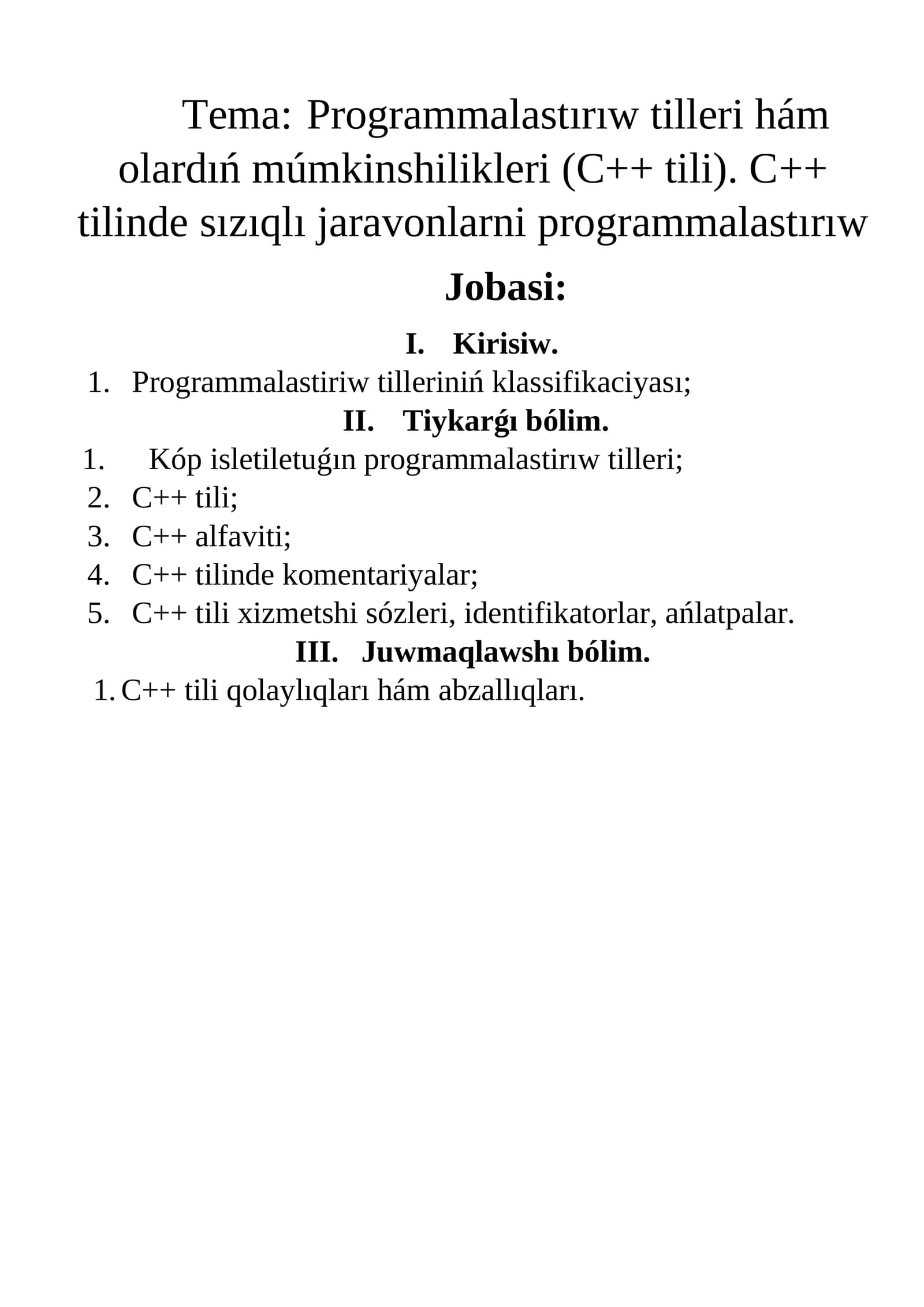 Programmalastırıw tilleri hám olardıń múmkinshilikleri (C++ tili). C++ tilinde sızıqlı jaravonlarni programmalastırıw