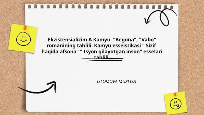 Ekzistensializm A. Kamyu. "Begona", "Vabo" romanlarining tahlili. Kamyu esseistikasi "Sizif haqida afsona", "Isyon qilayotgan inson" esselari tahlili.
