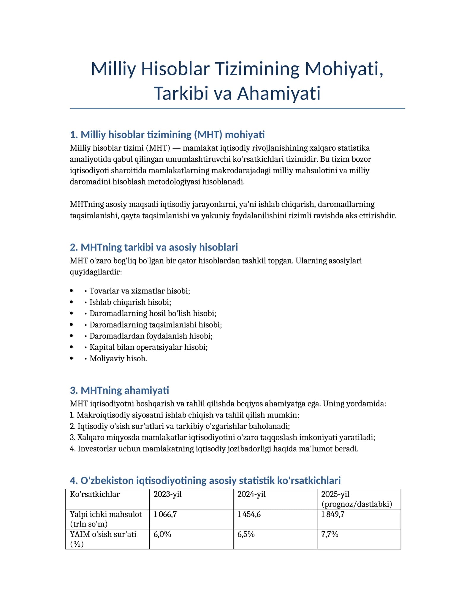 Milliy Hisoblar Tizimining Mohiyati, Tarkibi va Ahamiyati