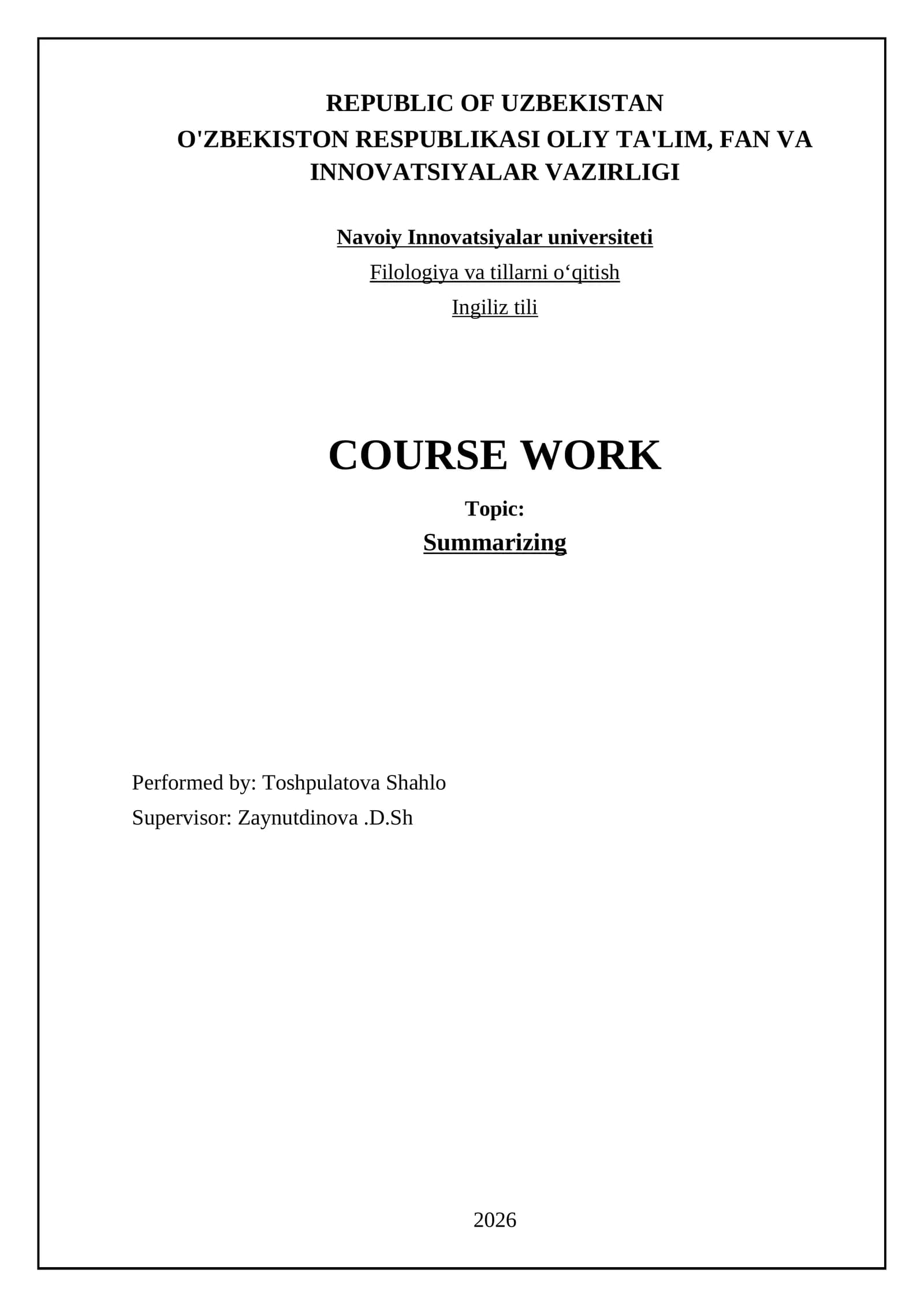 Summarizing COURSE WORK